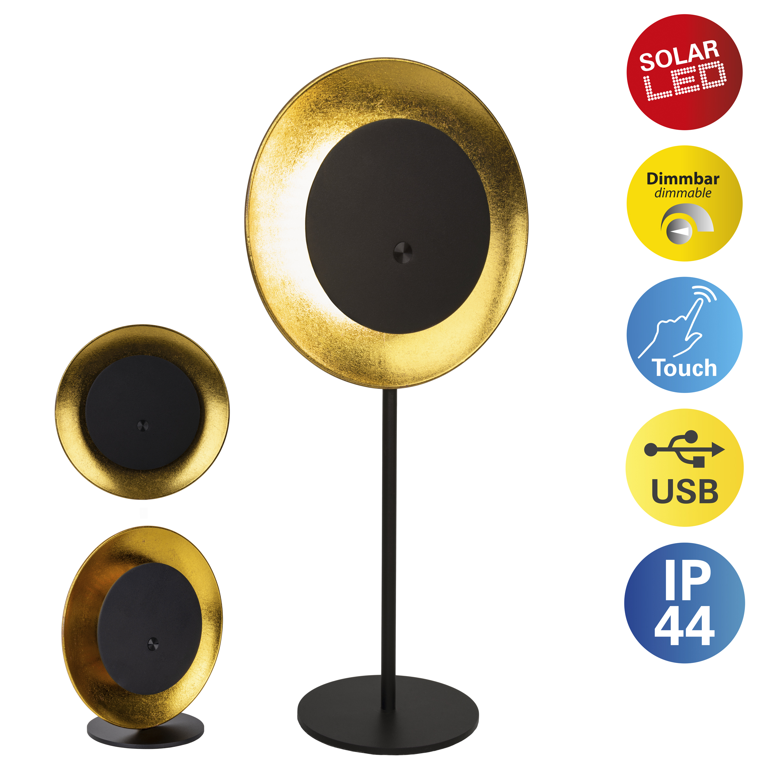 Eine Lampe mit goldenem Ring um einen schwarzen Mittelpunkt. Sie hat einen Ständer und eine Basis. Verschiedene Symbole zeigen Funktionen an.