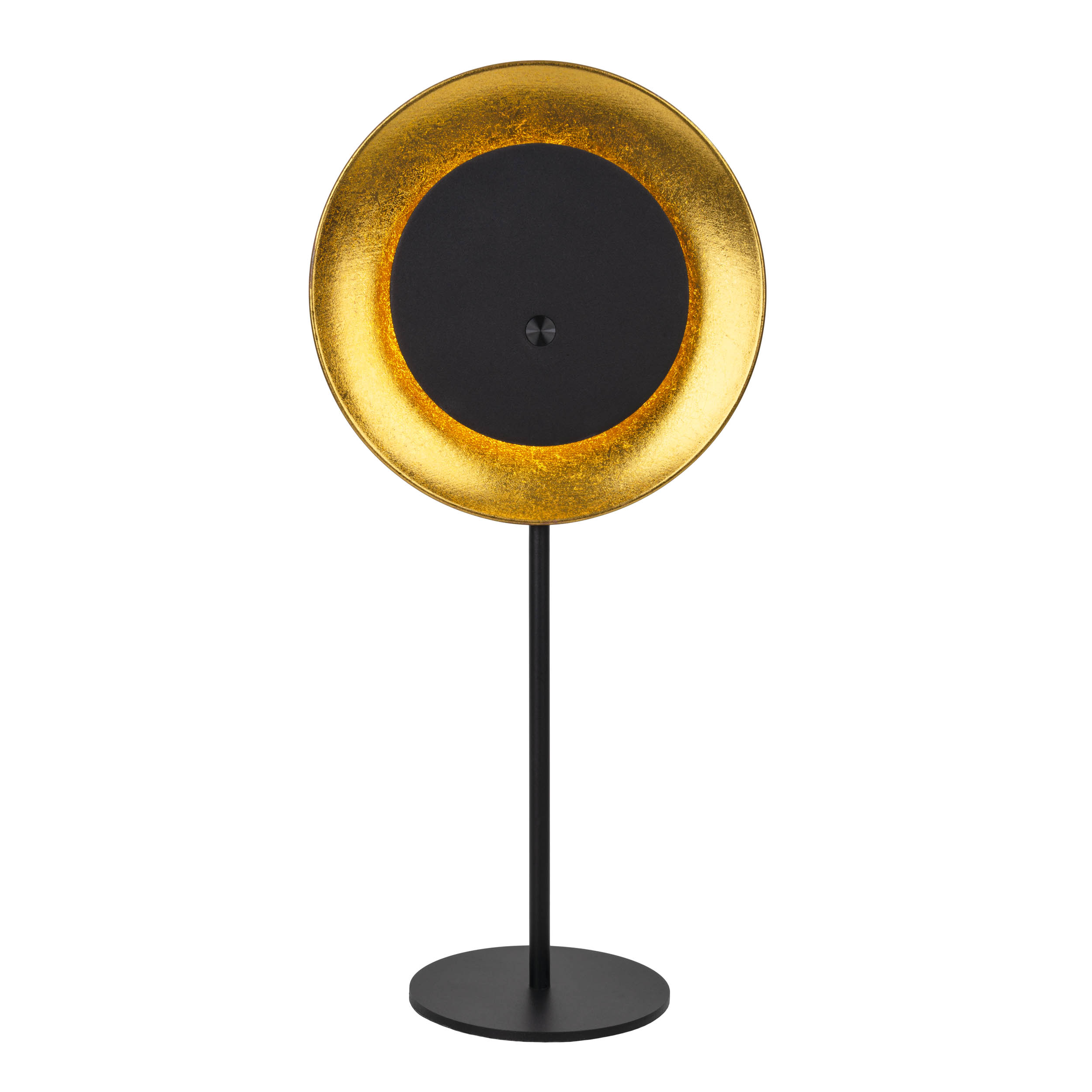 Eine Lampe mit einem goldenen Ring um einen schwarzen Kreis. Sie steht auf einem schwarzen Ständer.