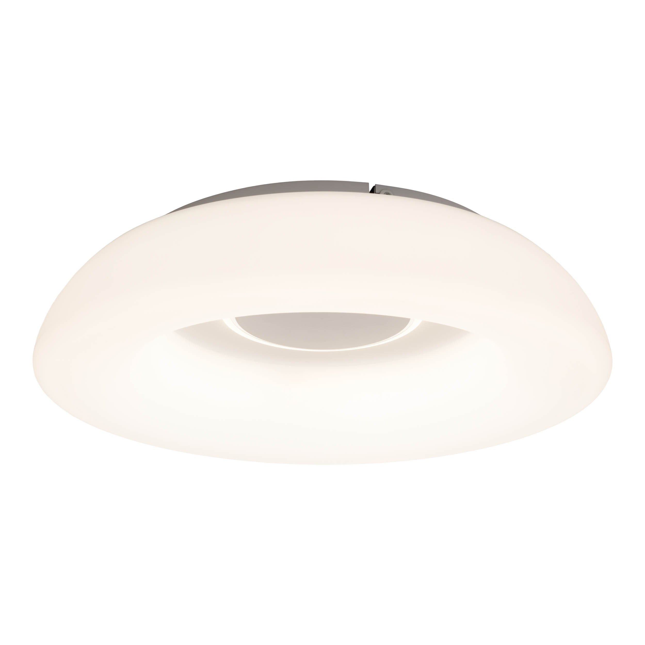 Eine weiße, runde Deckenlampe. Sie hat einen grauen Metallrand, ein hellweißes Licht und einen zentralen, eingelassenen Kreis.