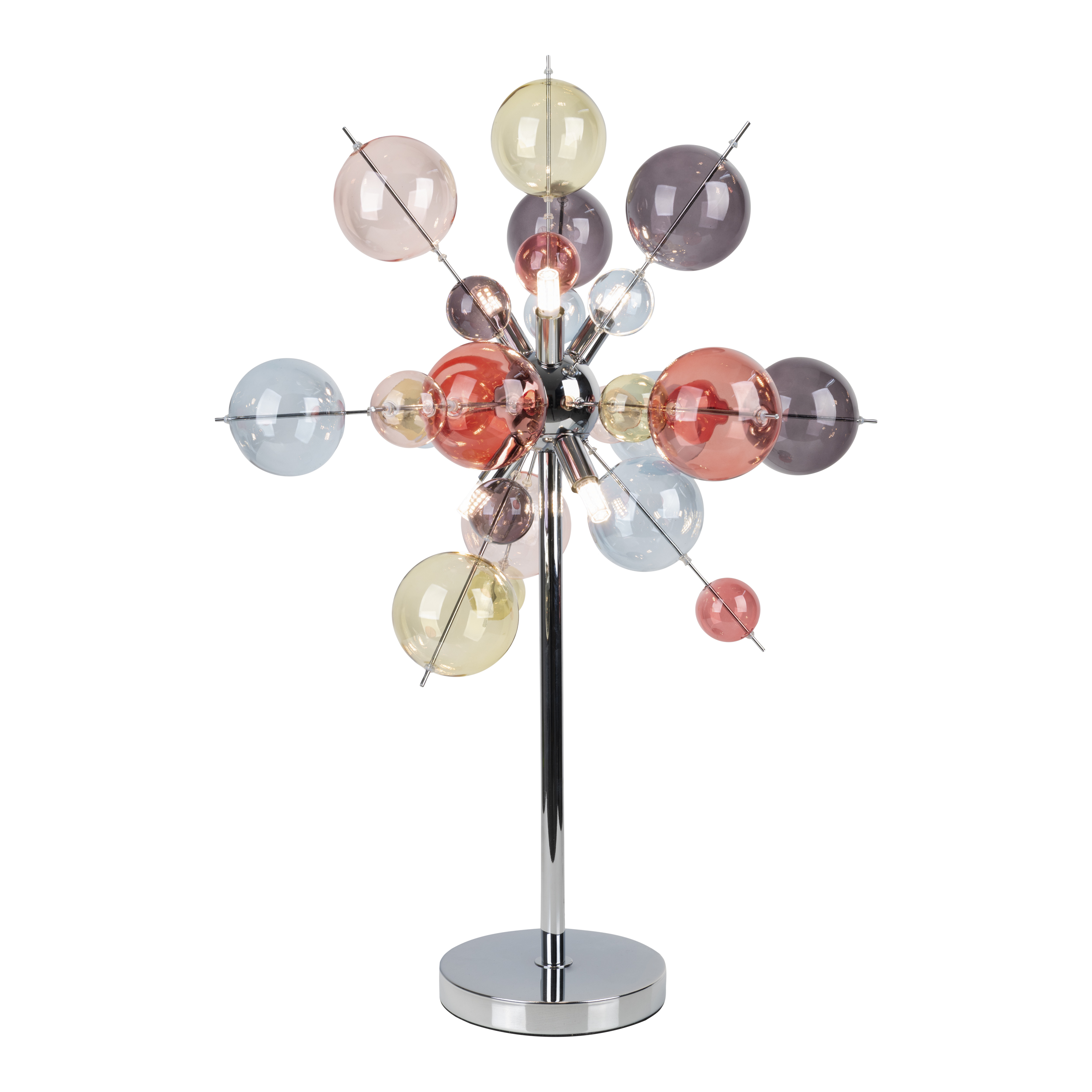 Eine moderne Lampe mit farbigen Glaskugeln, befestigt an Metallstangen, getragen von einem Chromsockel auf weißem Hintergrund.