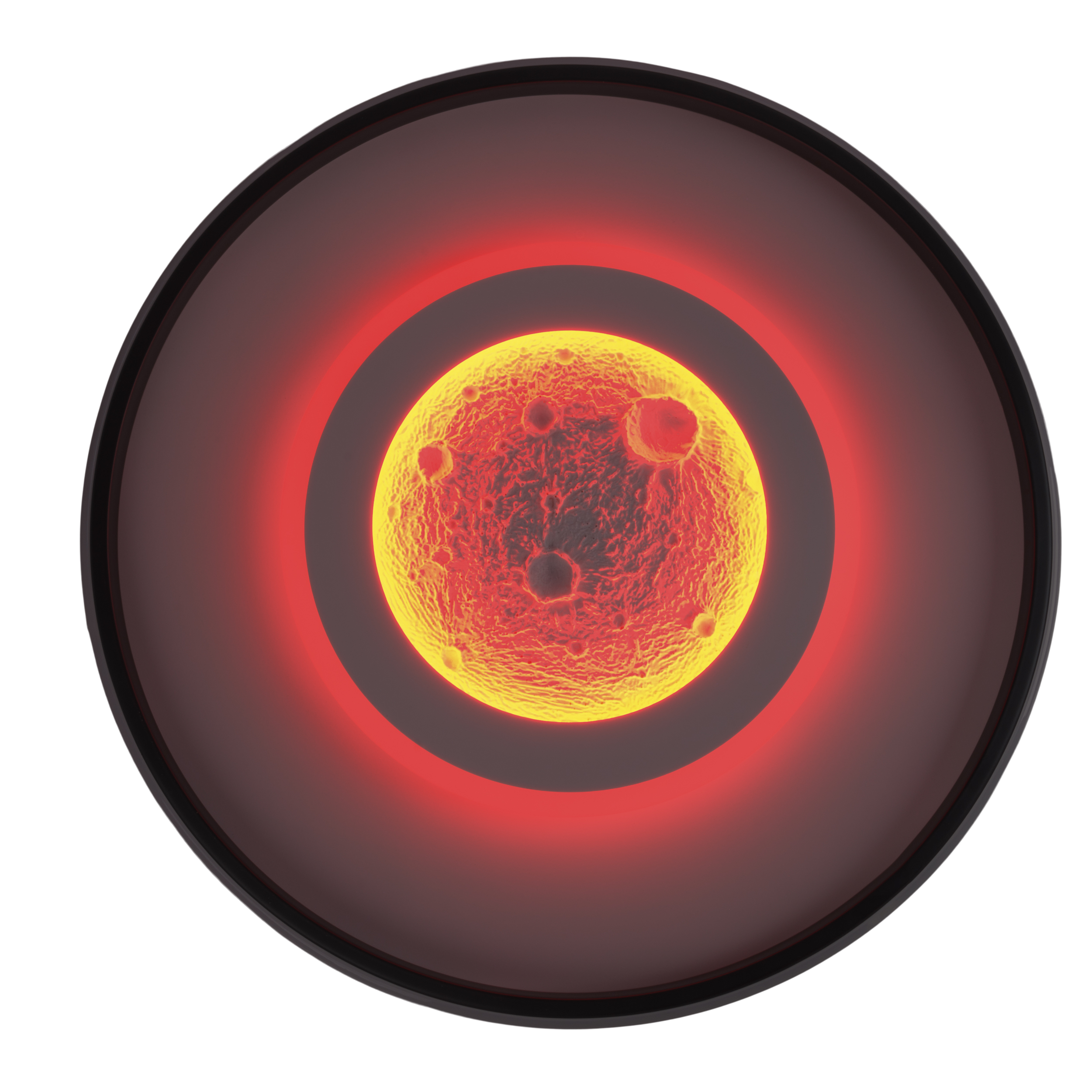 Ein kreisförmiges Diagramm zeigt Schichten. Eine rot/orangefarbene Kugel befindet sich in einem dunkleren roten Ring, alles innerhalb eines schwarz umrandeten Kreises.