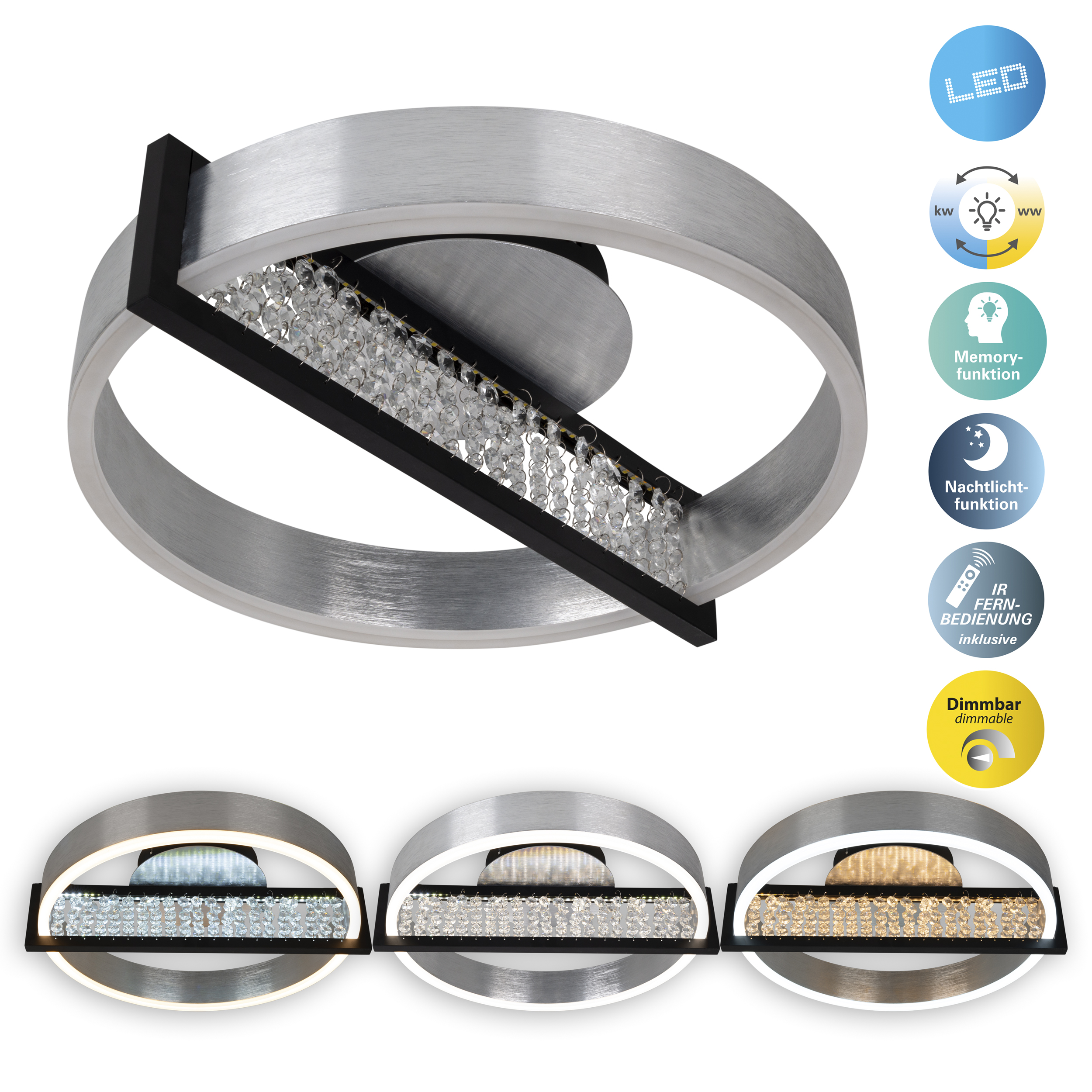 Eine silberne LED-Deckenleuchte mit schwarzen Akzenten, Kristallperlen und Symbolen für Funktionen wie Dimmen und Fernbedienung.
