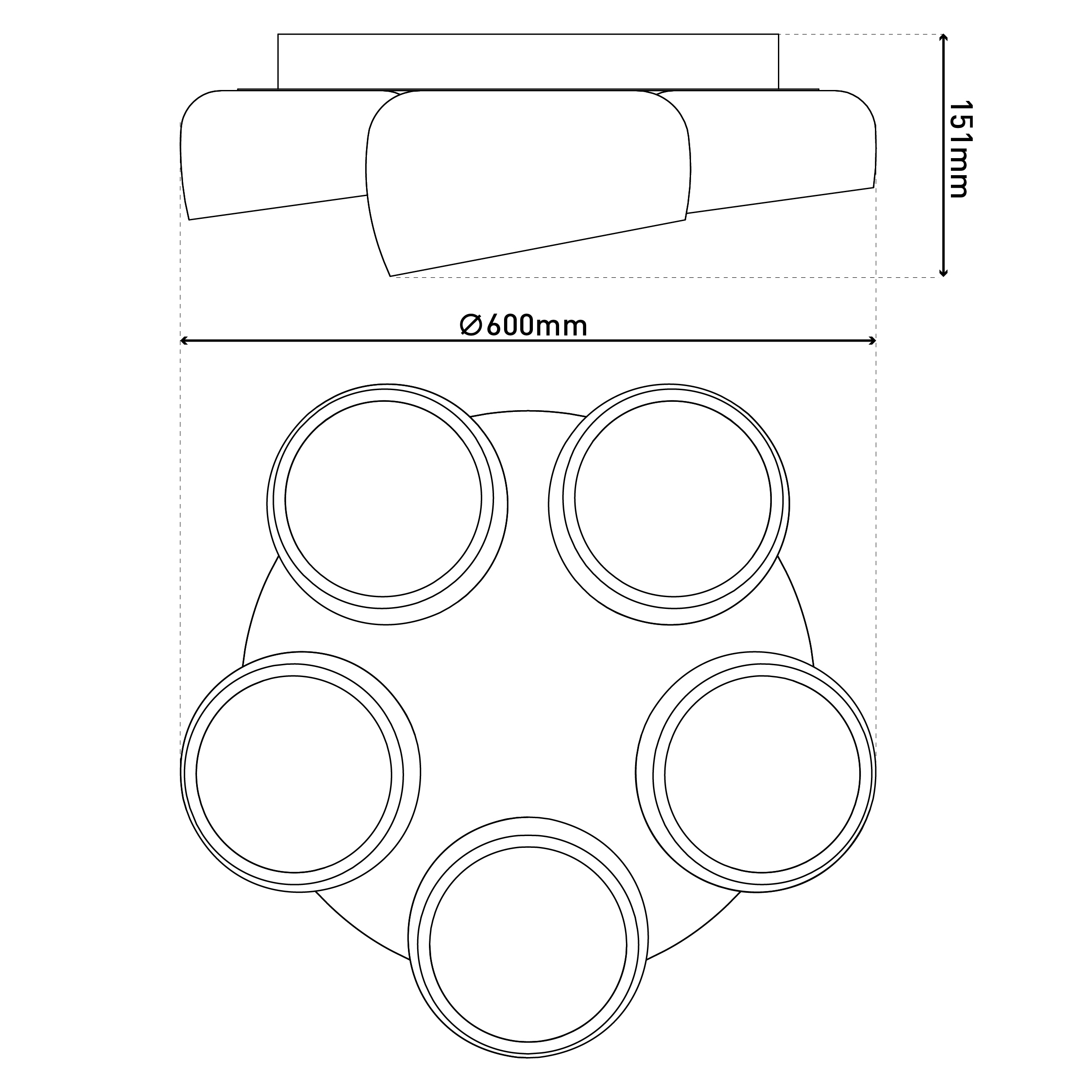 Schwarz-Weiß-Diagramm einer Deckenleuchte. Maße: 600 mm Durchmesser und 151 mm Höhe.