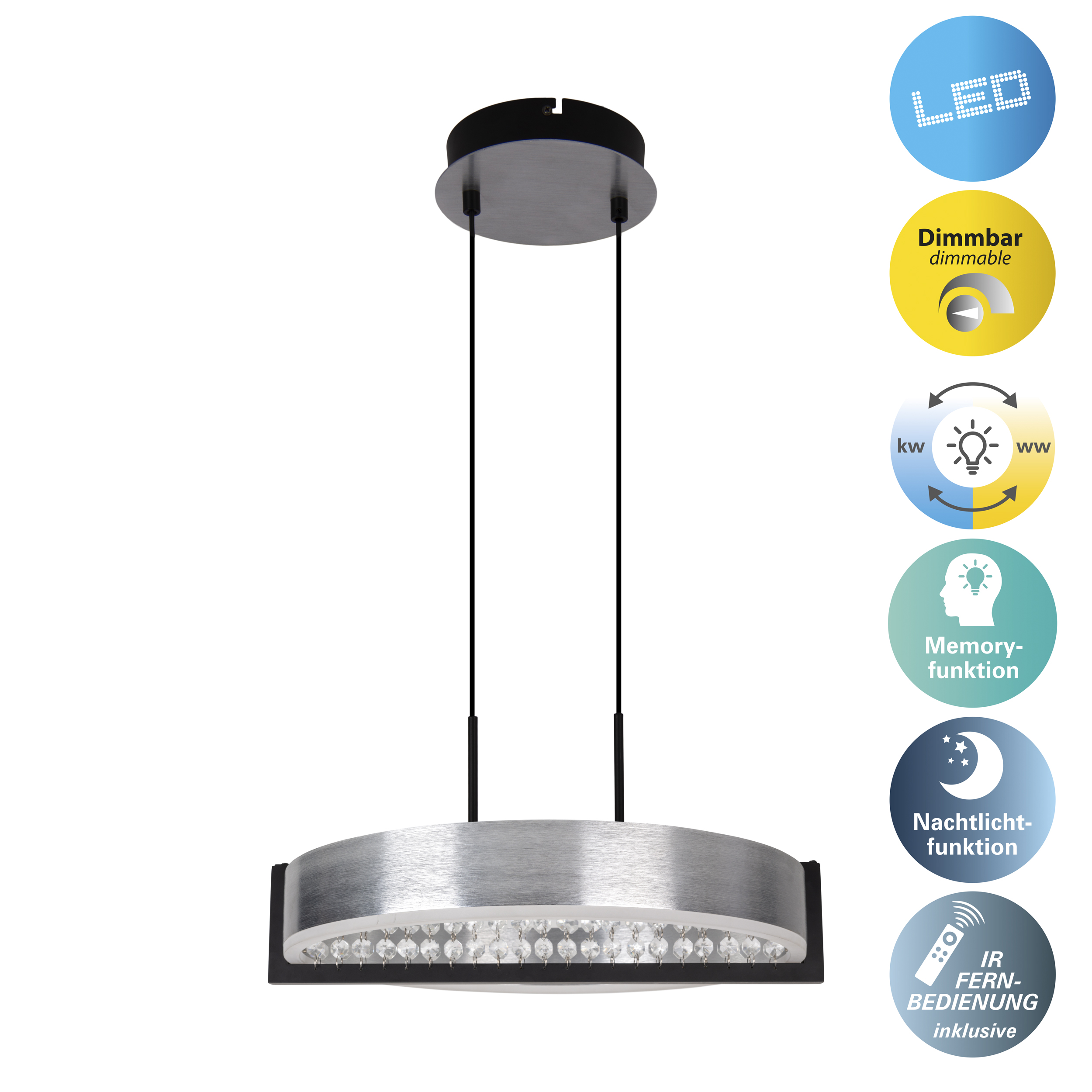 Eine moderne LED-Pendelleuchte mit gebürsteter Silberoberfläche und Kristallakzenten, mit Funktionen wie Dimmen und Fernbedienung.