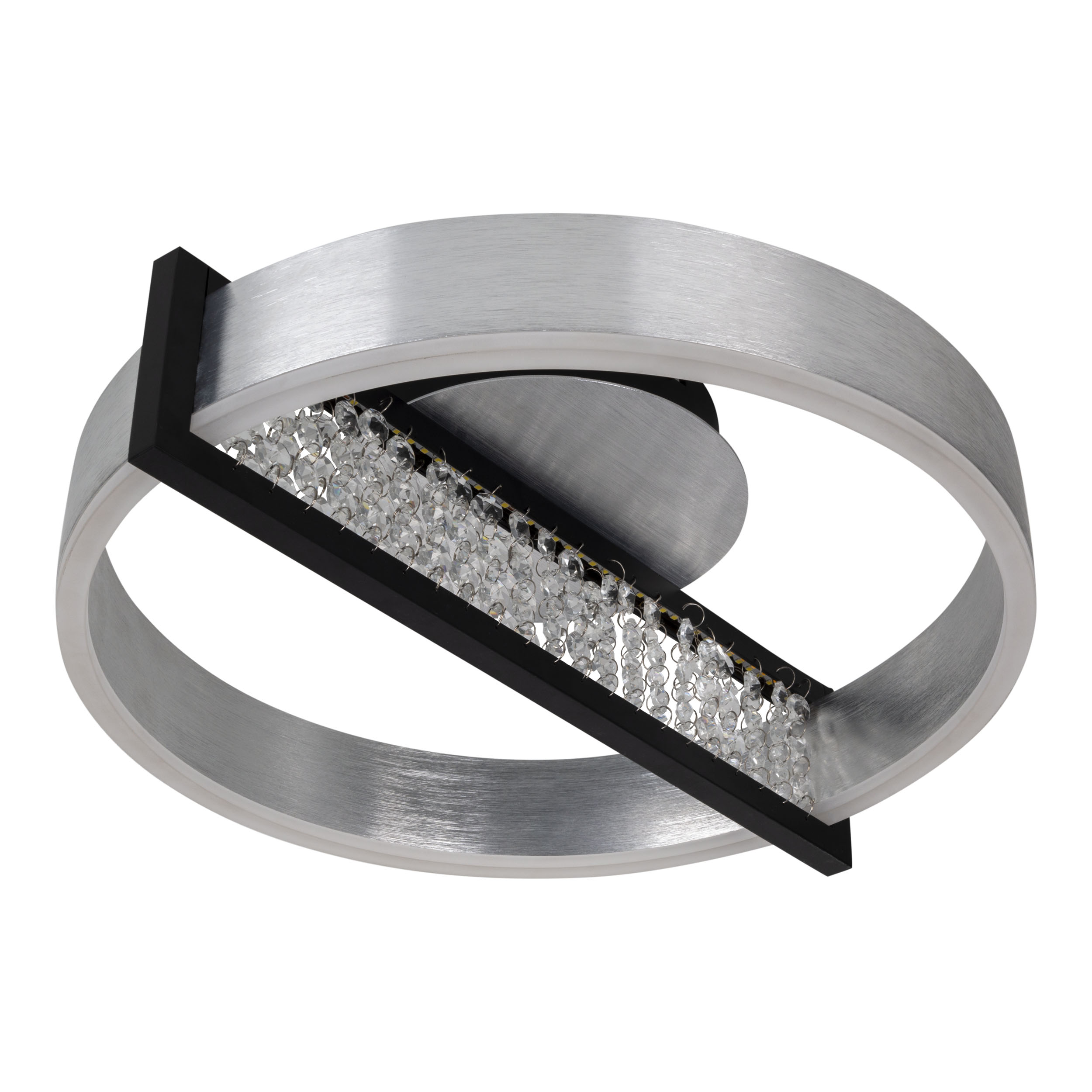 Moderne Deckenlampe mit silbernem Außenring, schwarzem Rahmen und hängenden Kristallperlen.