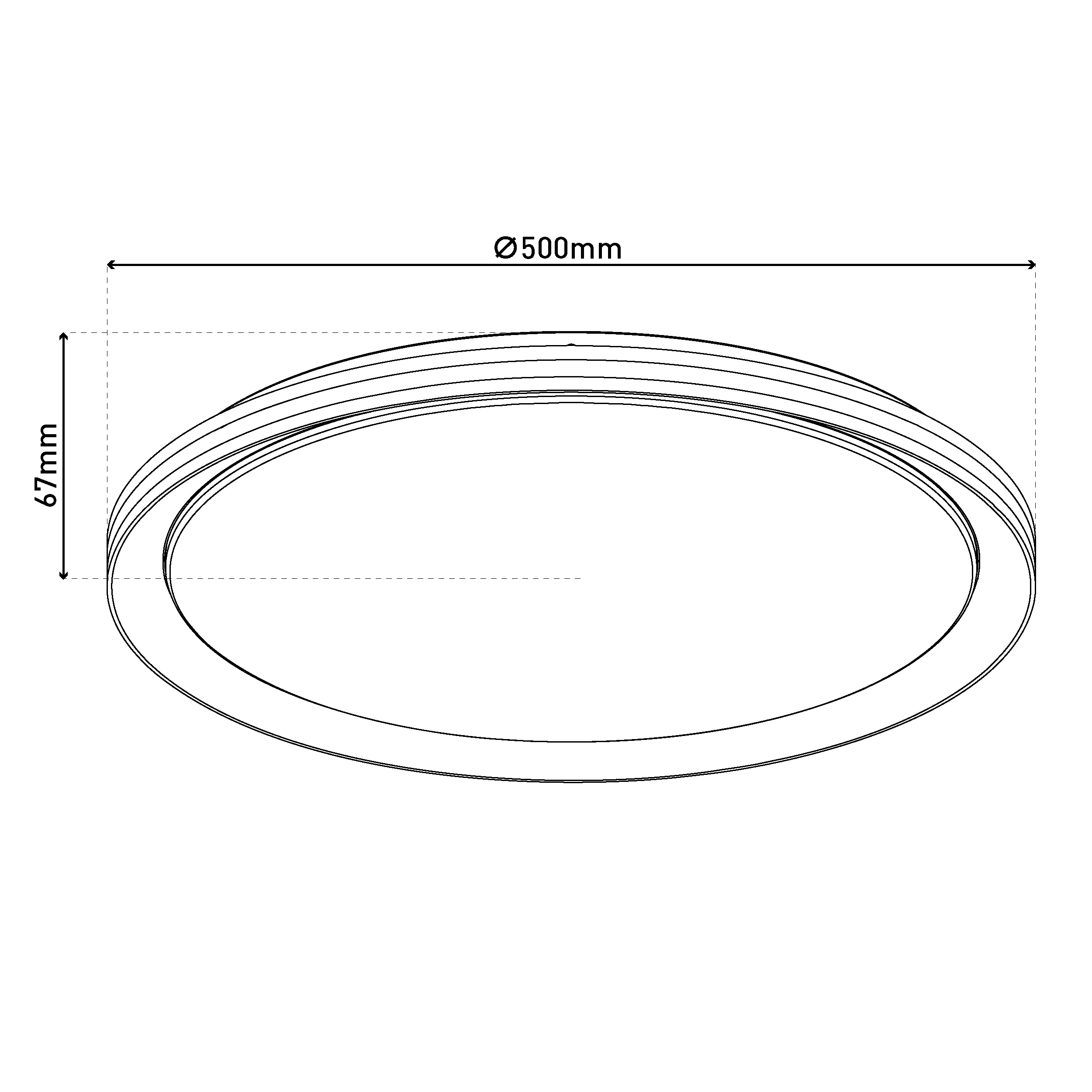 Diagramm eines kreisförmigen Objekts mit Bemaßungen. Durchmesser 500 mm, Höhe 67 mm. Schwarze Linien auf weißem Hintergrund.