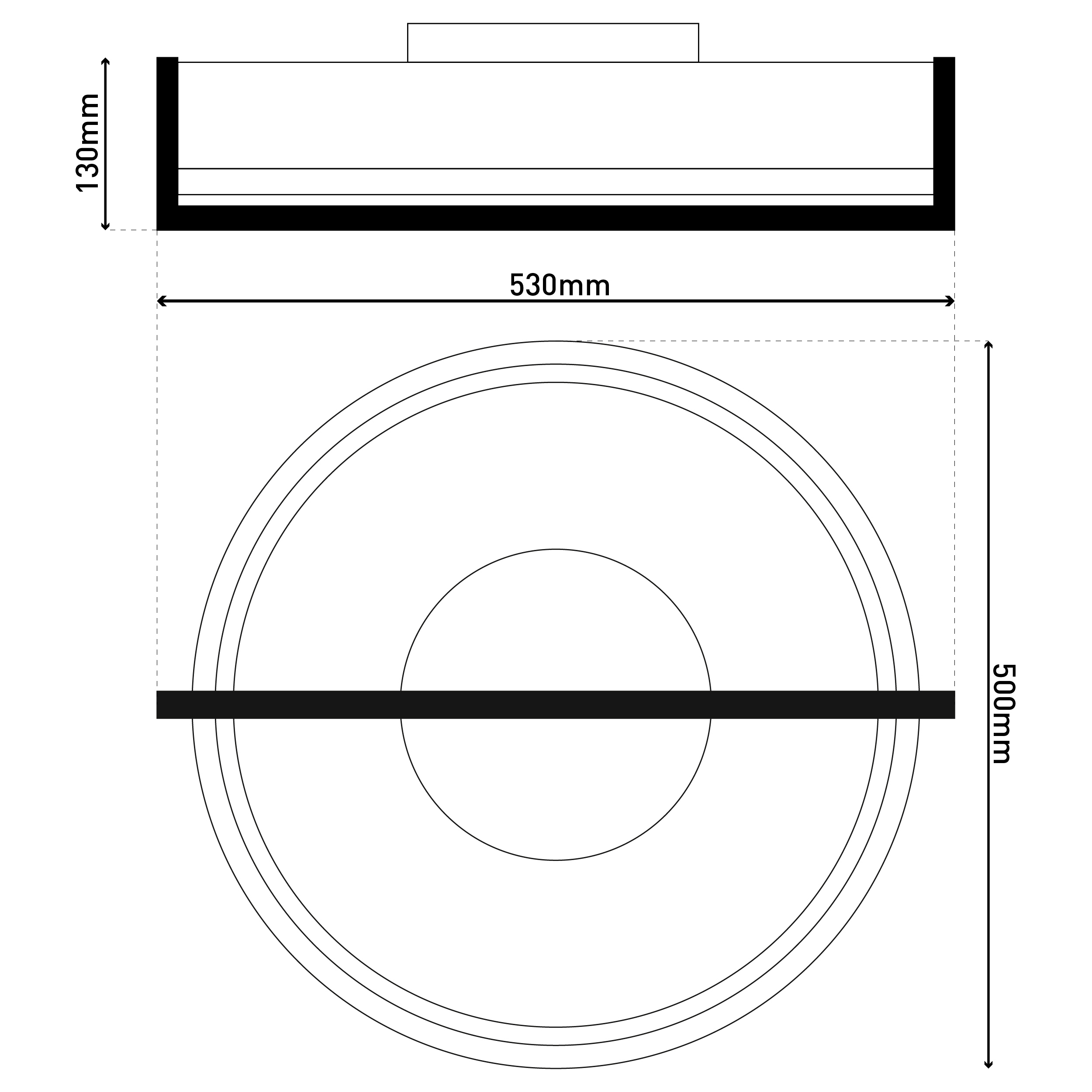 Diagramm zeigt Draufsicht und Seitenansicht eines kreisförmigen Objekts mit Maßen. Seitenansicht ist ein schwarzes Rechteck.