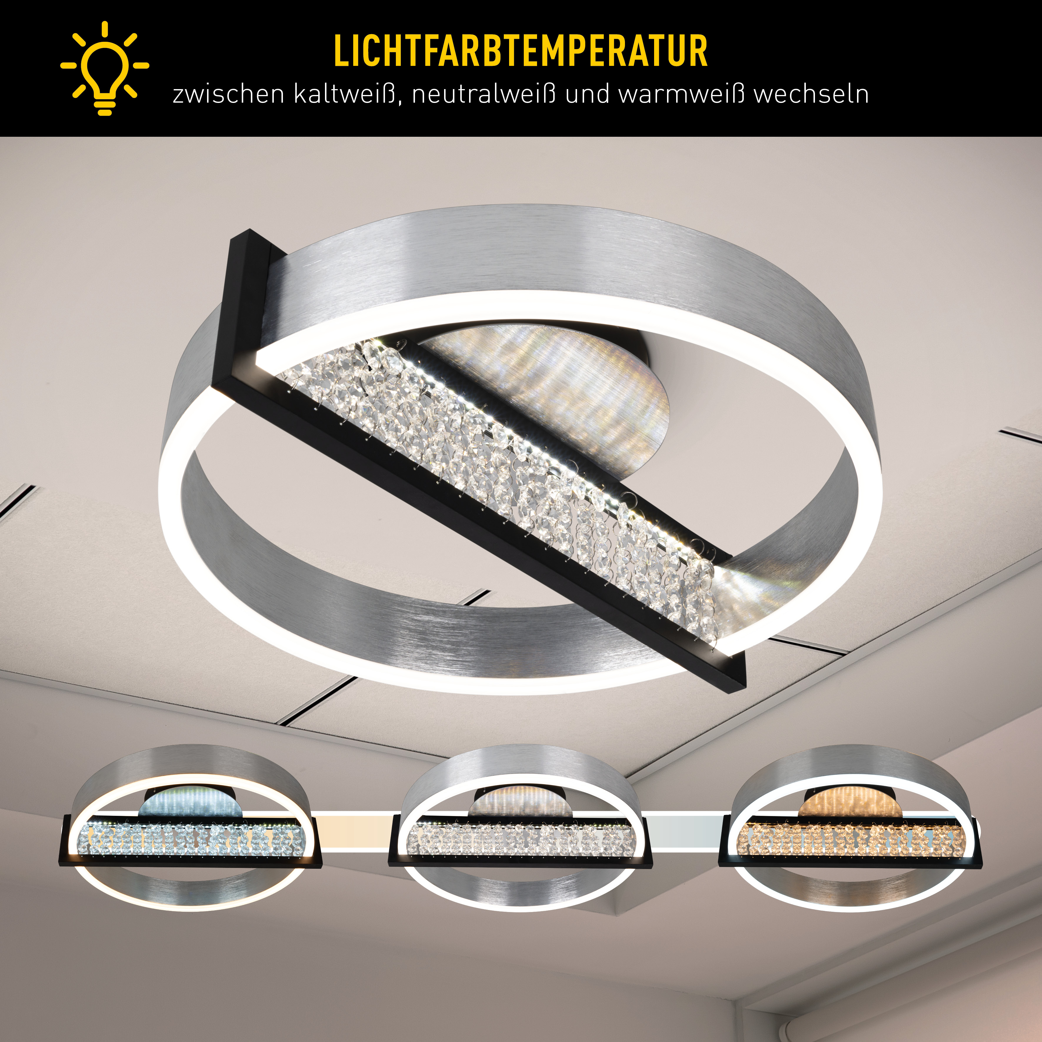 Moderne Deckenlampe mit LED-Leuchten. Sie hat einen silbernen Rahmen, Kristallakzente und eine schwarze Mitte, mit drei Lichtfarbvarianten.