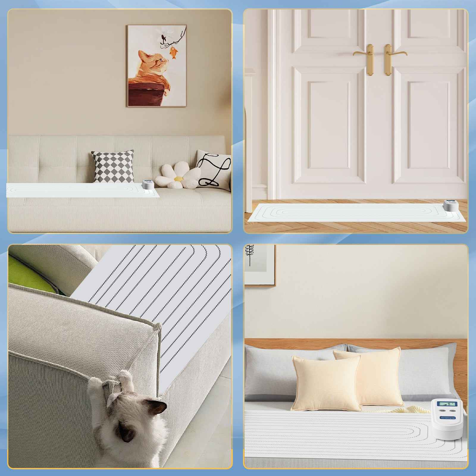 Collage von Bildern. Katze kratzt, Katzenkunst an der Wand, weiße Tür, Bett mit Kissen und Heizmatte.