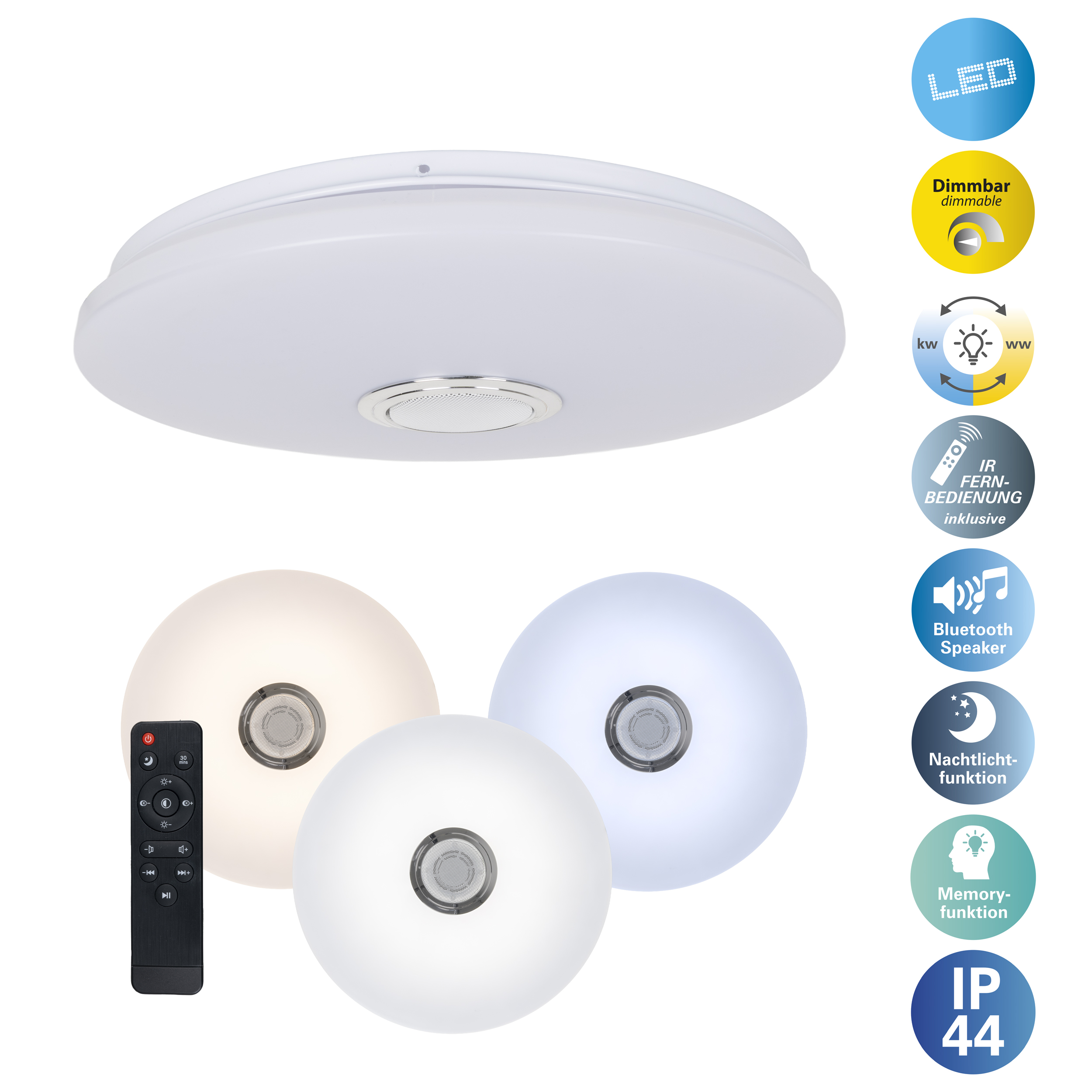 Eine weiße Deckenleuchte mit drei Lichteinstellungen, Fernbedienung und Symbolen für Bluetooth und Dimmung.