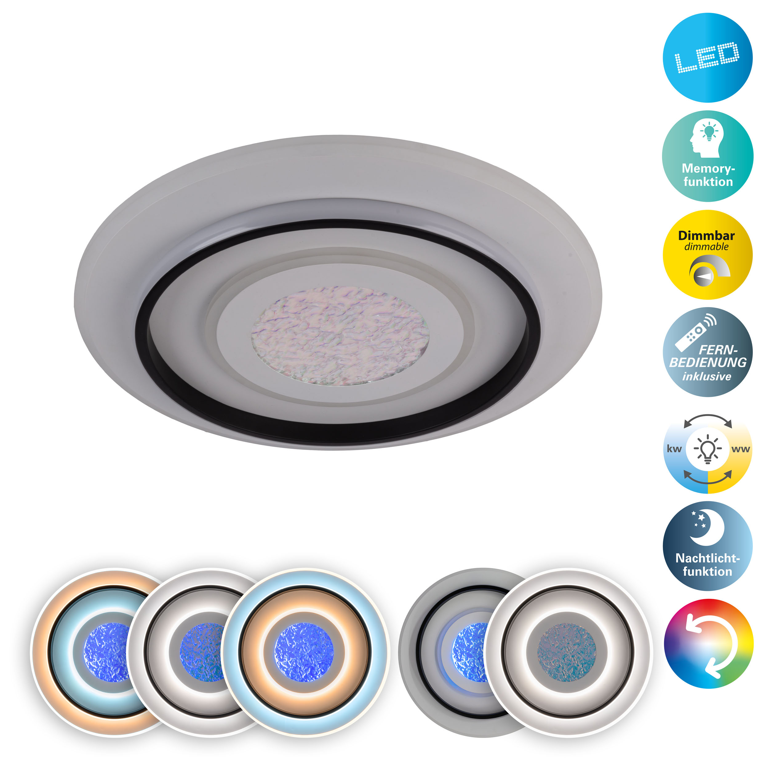 Weiße LED-Deckenleuchte mit zentraler, gemusterter Lichtquelle. Funktionen: Dimmen, Fernbedienung und Farboptionen.