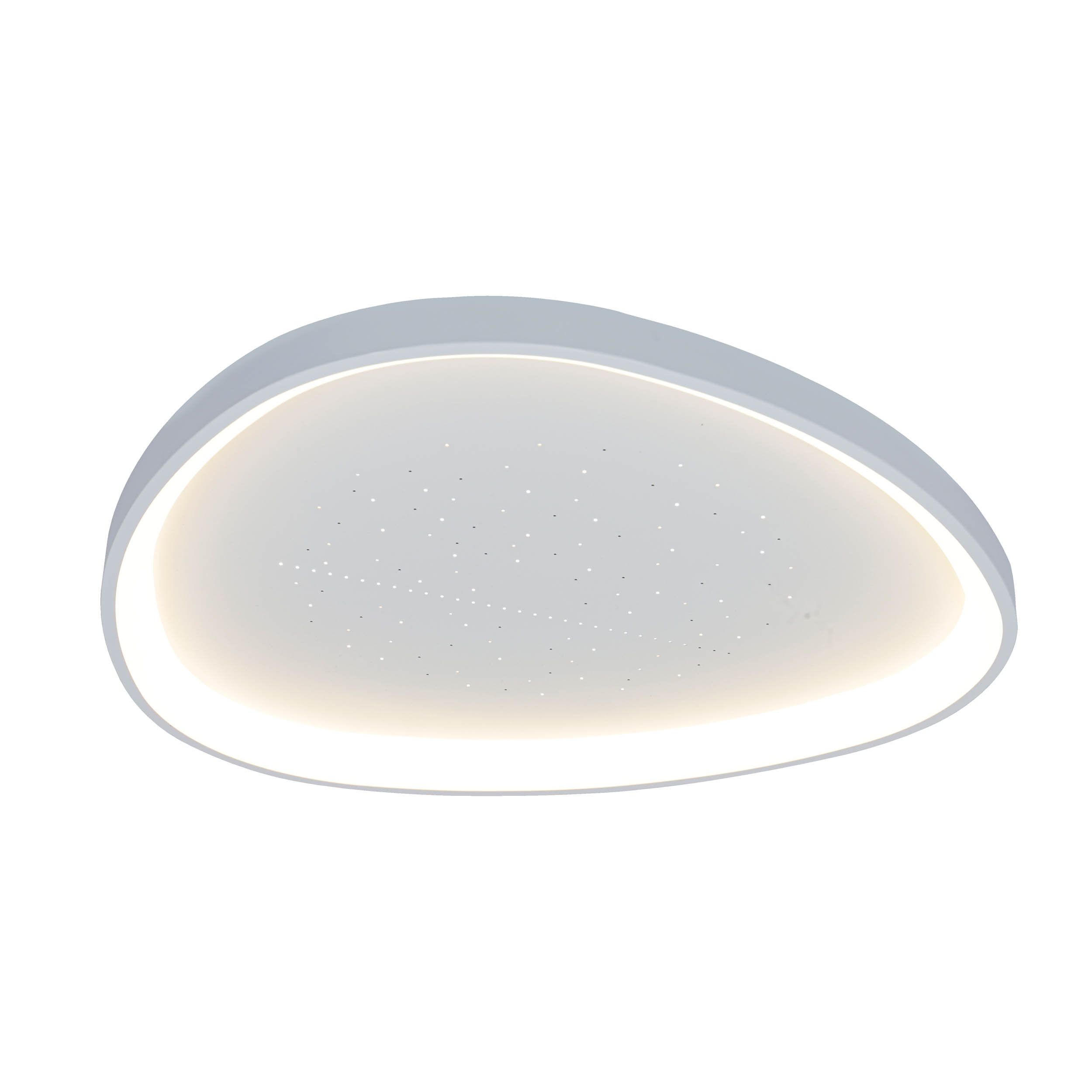 Eine weiße, ovale Deckenleuchte. Es hat einen weißen Rahmen und eine weiße Oberfläche mit kleinen Lichtpunkten.