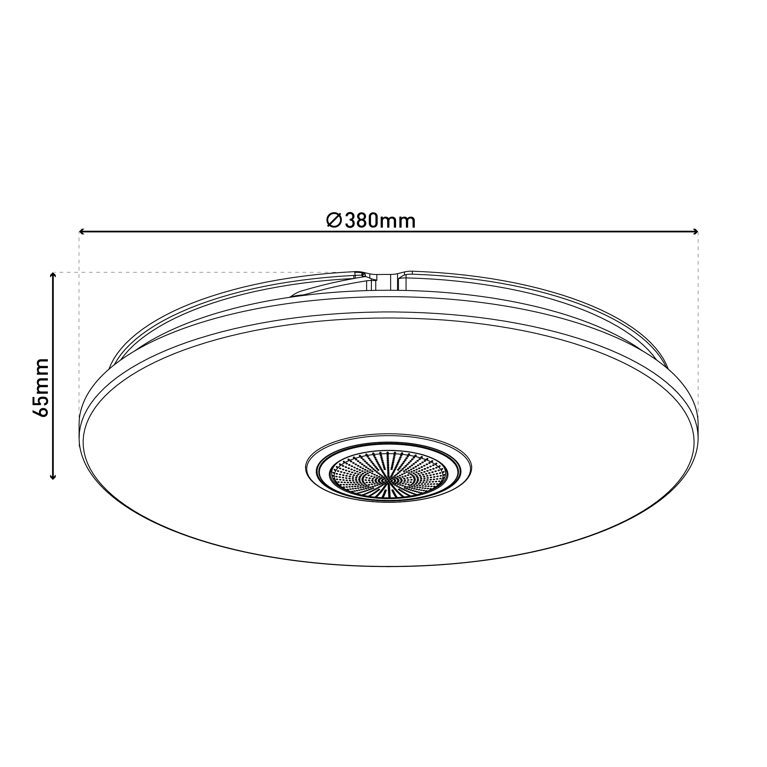 Diagramm einer kreisförmigen Deckenleuchte mit Abmessungen. Der Durchmesser beträgt 380 mm, die Höhe 65 mm.