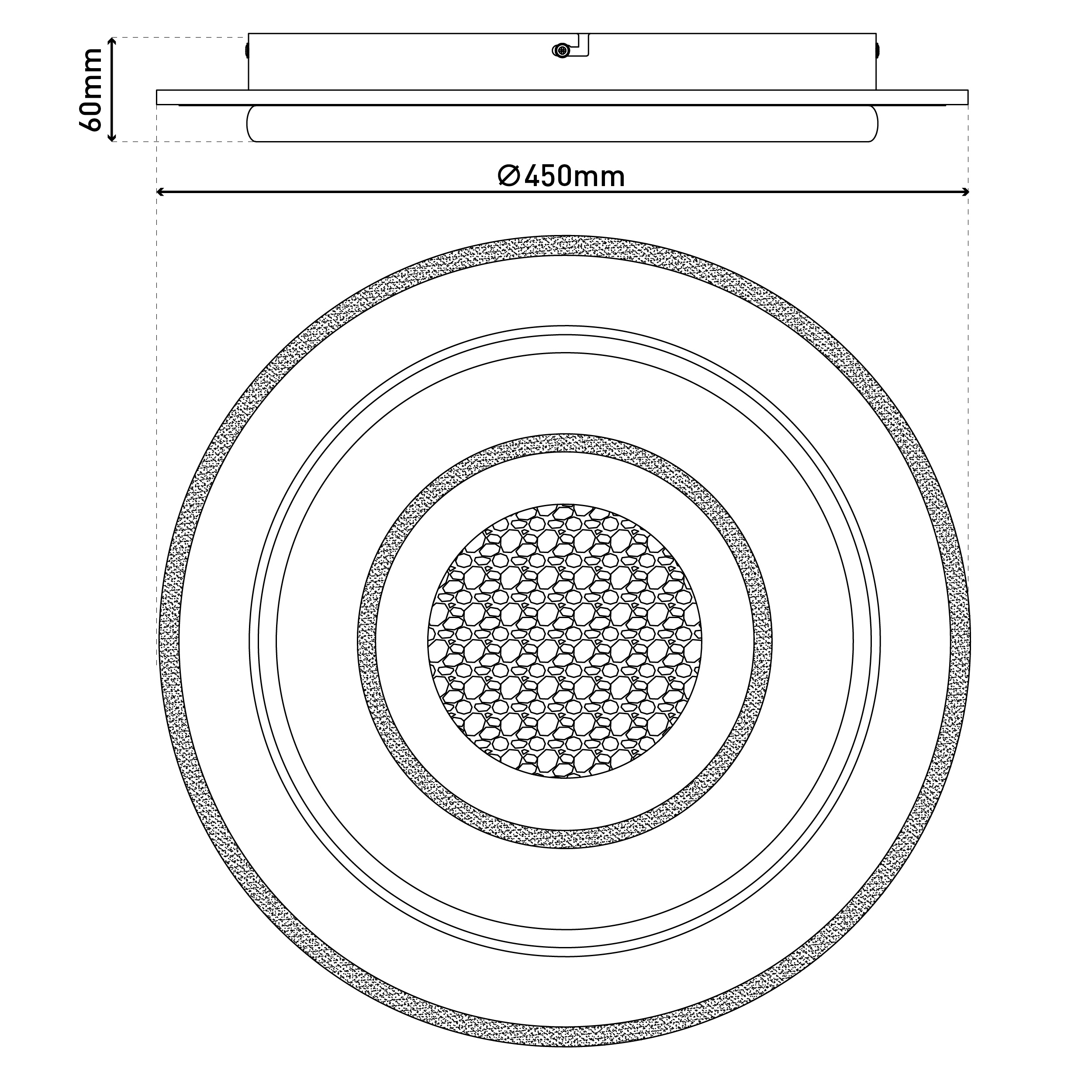 Diagramm einer runden Deckenleuchte. Abmessungen sind beschriftet: 450 mm Durchmesser und 60 mm Höhe. Details der Lampe sind gezeigt.