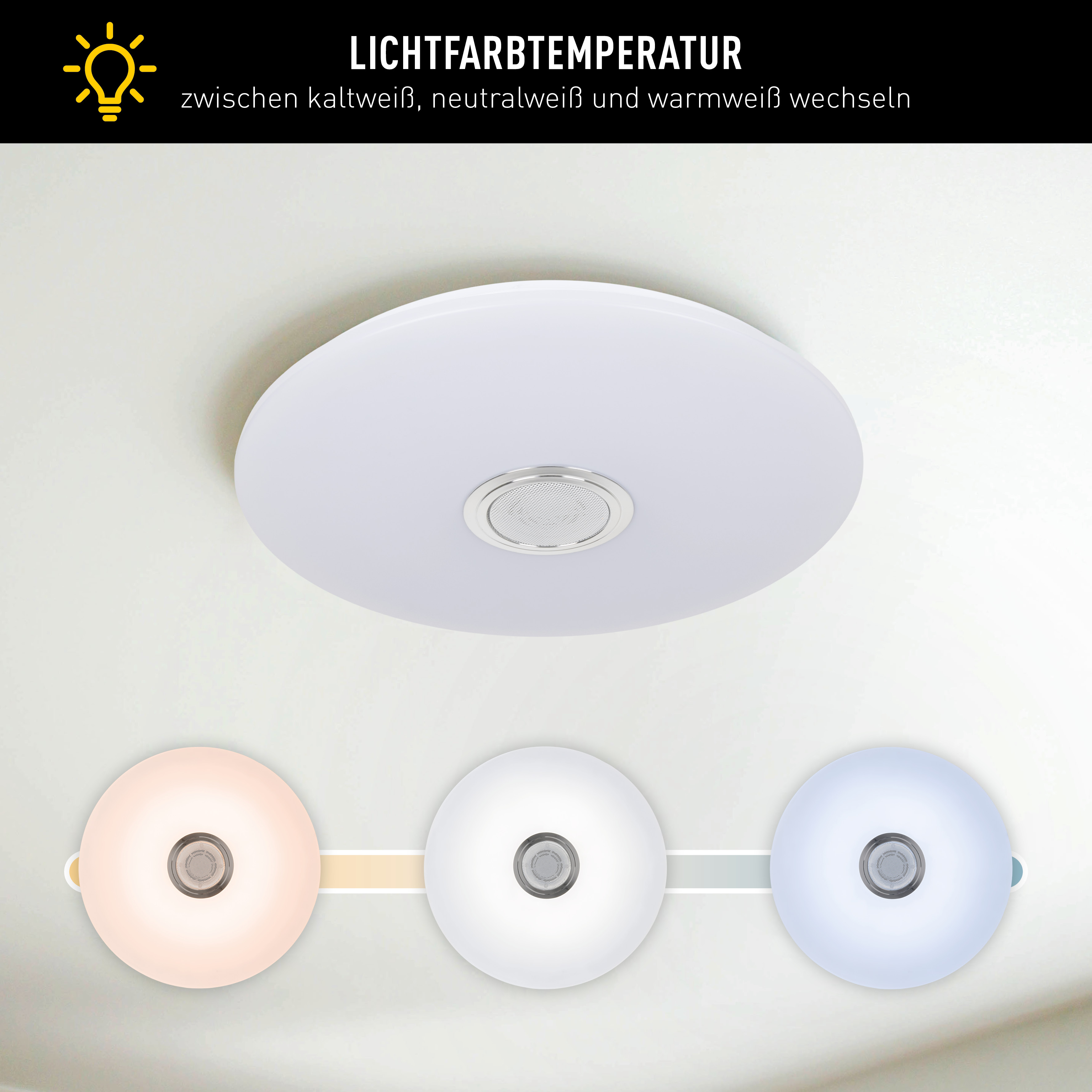 Eine weiße Deckenleuchte mit drei Farboptionen: warm, neutral und kühl. Text oben lautet: 'Lichtfarbtemperatur'.