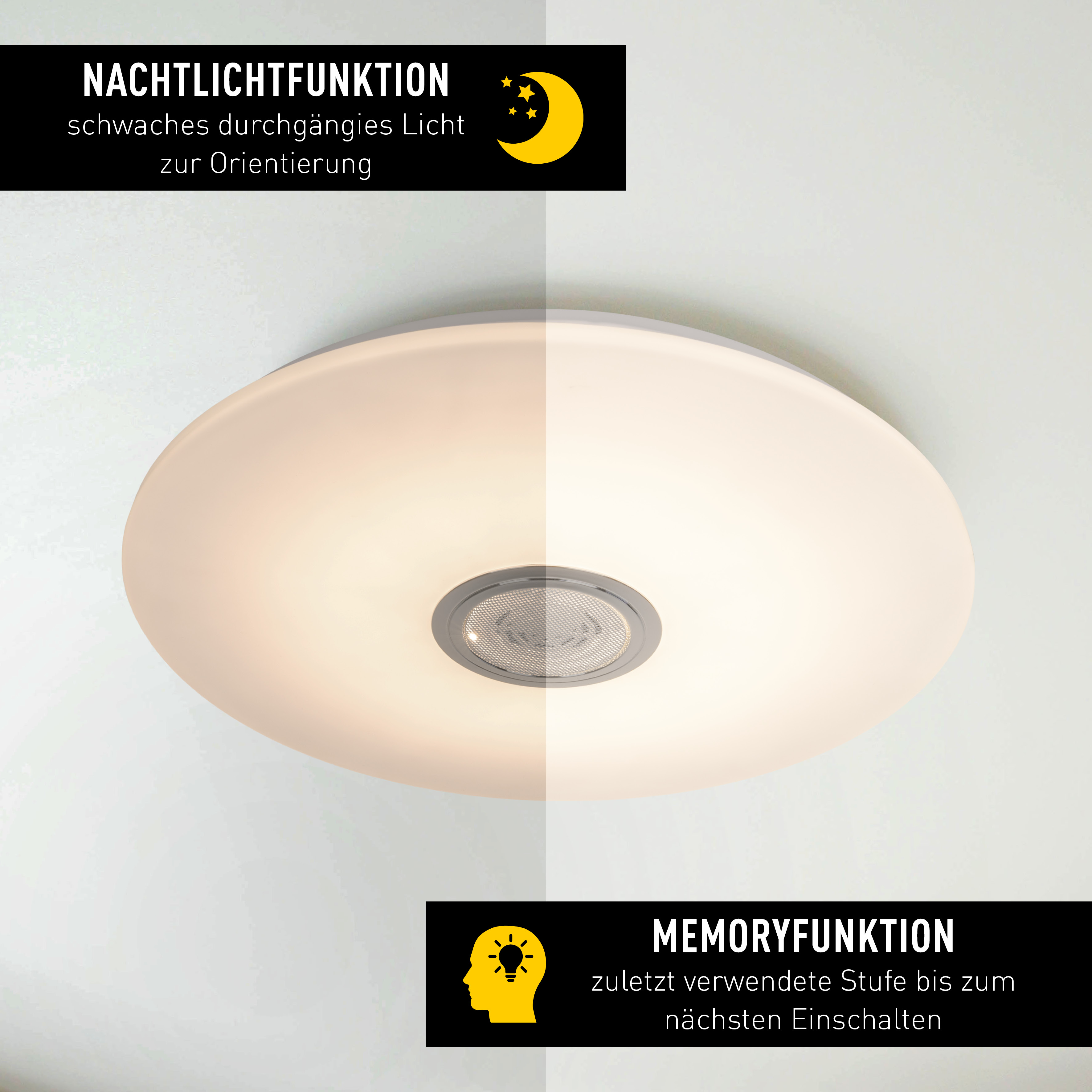 Eine Deckenleuchte mit weißem Schirm und silbernem Mittelteil. Deutscher Text beschreibt Funktionen wie Nachtlicht und Speicherfunktion.