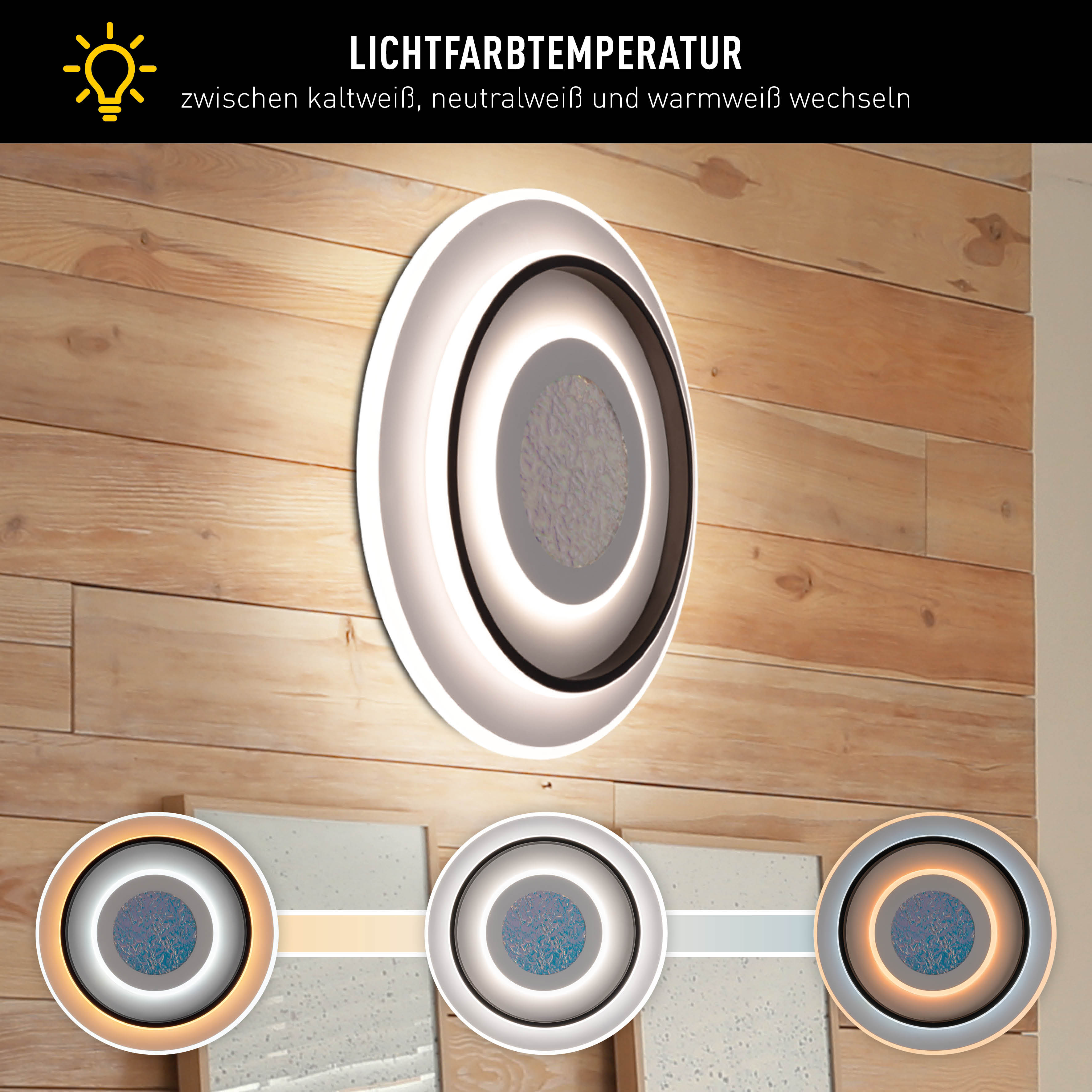 Eine Wandlampe mit rundem Design ist an einer Holzwand montiert. Darunter befinden sich drei kleine Kreisdesigns.