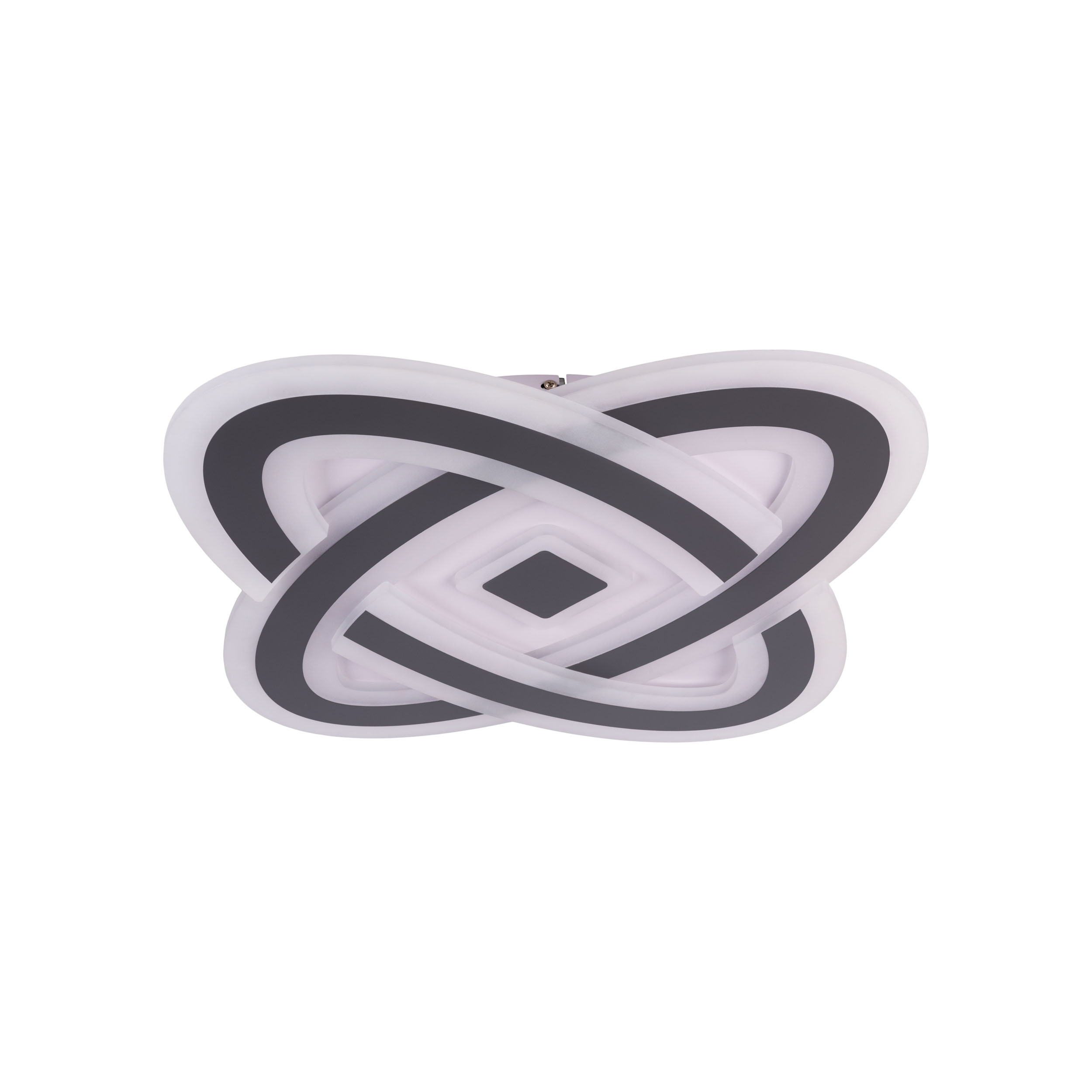 Eine Deckenleuchte mit weißer Basis und grauem geometrischem Design. Der Hintergrund ist weiß.