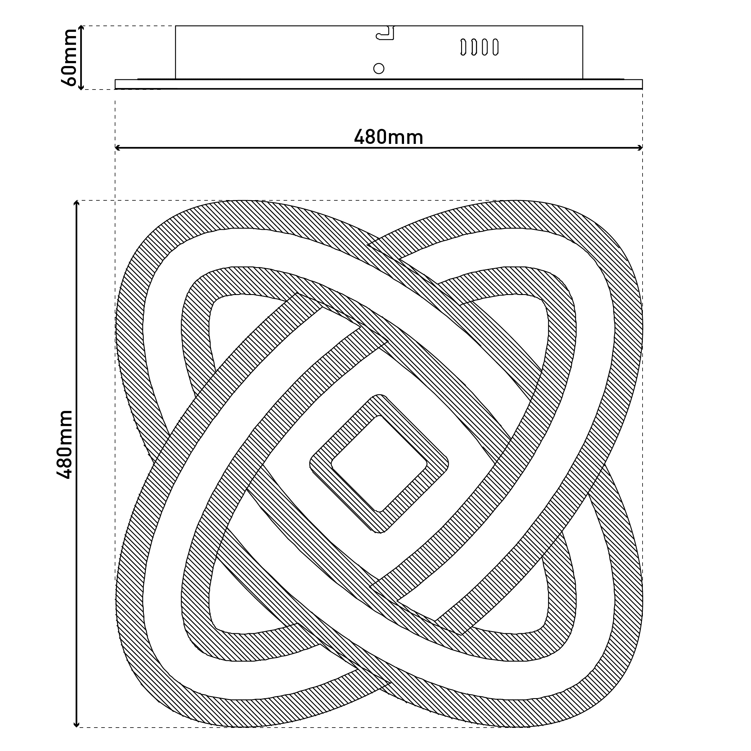 Technische Zeichnung einer Leuchte mit dekorativem Muster und Abmessungen. Das Design beinhaltet ein quadratisches Muster.