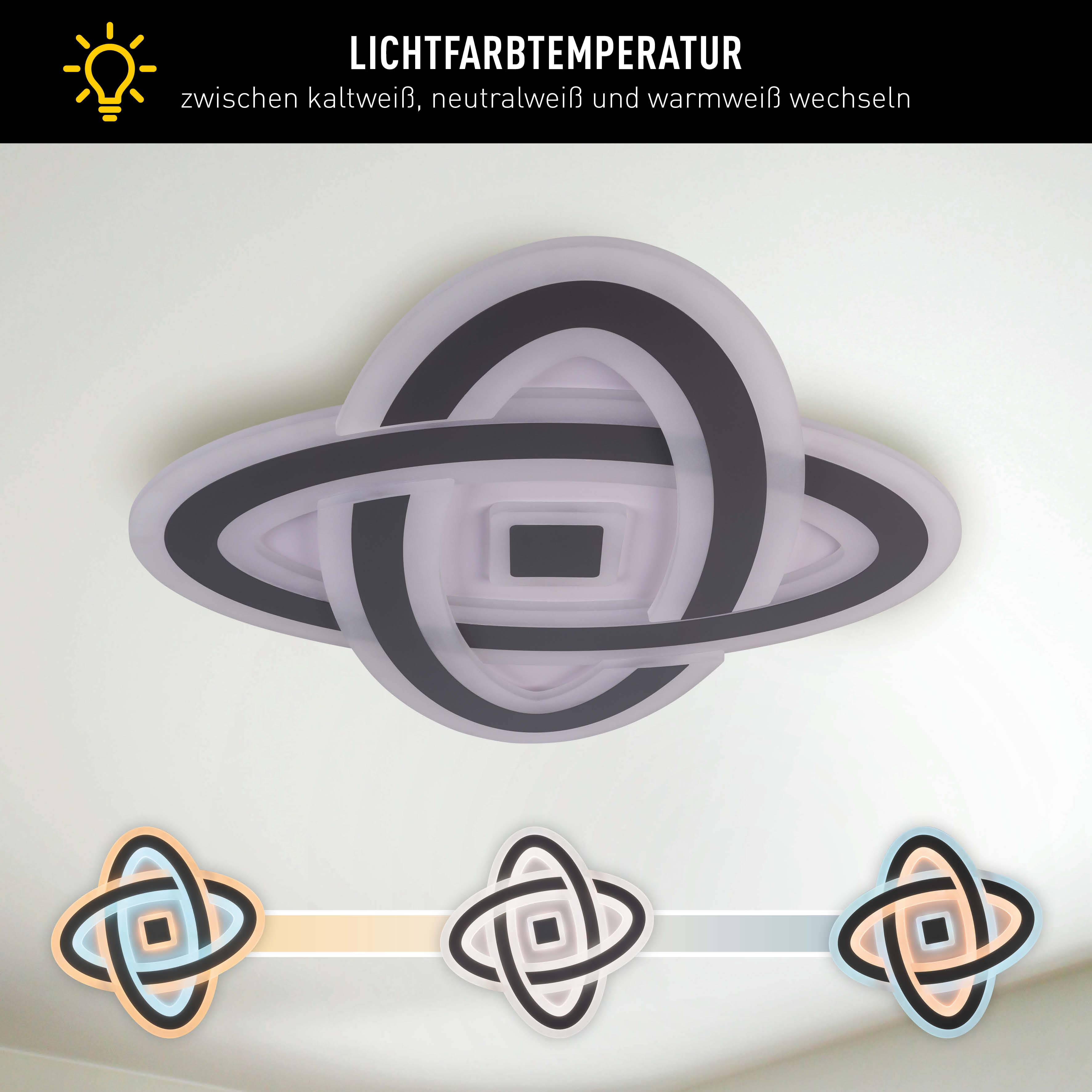 Deckenlampe mit einzigartigem Design und einstellbarer Lichtfarbe. Der Text oben lautet 'Lichtfarbtemperatur'.
