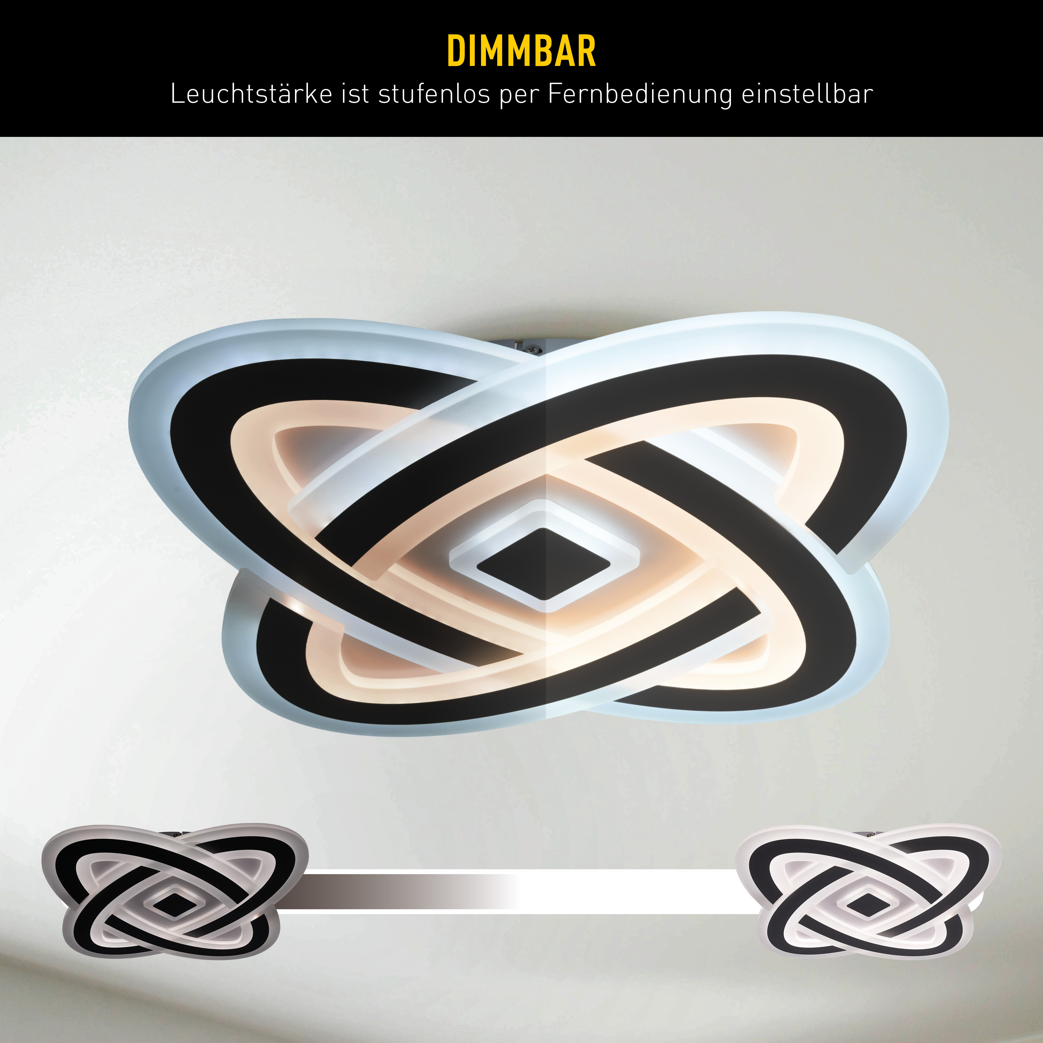 Eine moderne Deckenleuchte mit schwarz-weißem Design, an einer weißen Decke montiert. Sie ist per Fernbedienung dimmbar.