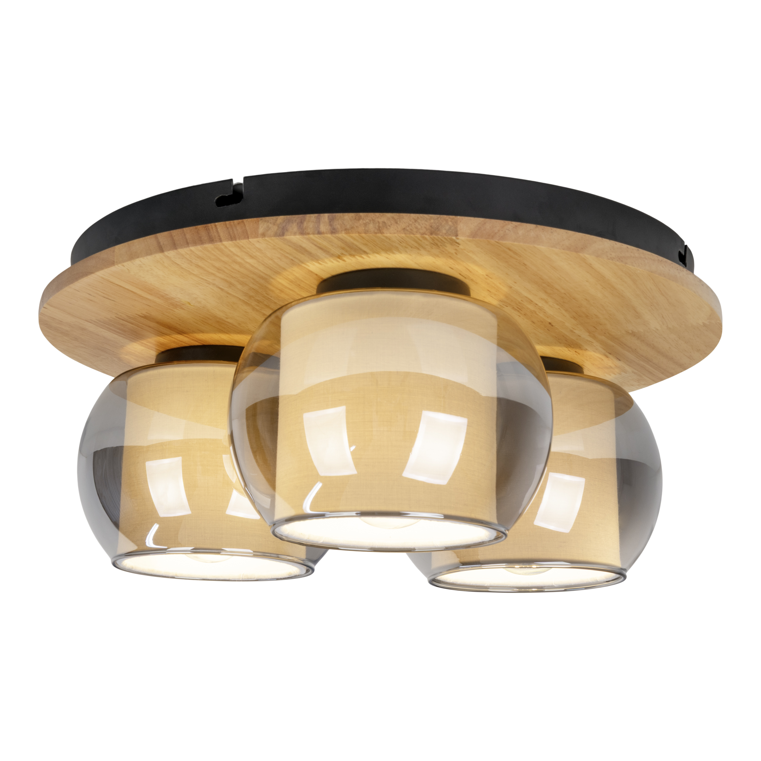 Eine Deckenleuchte. Sie hat einen Holzsockel mit drei Glasschirmen, jeweils mit einem Licht darin.