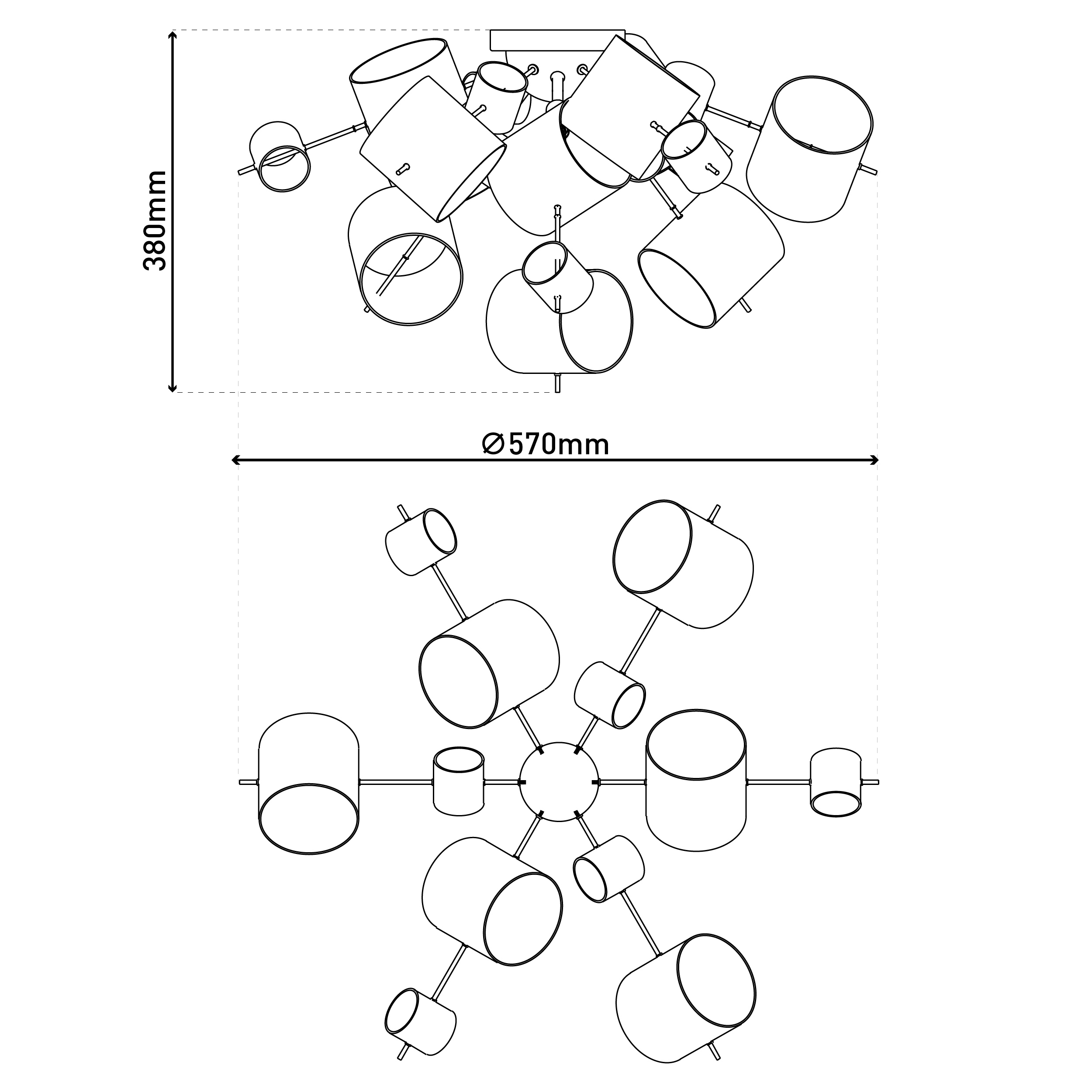 Ein Schwarz-Weiß-Diagramm einer Deckenlampe. Es hat mehrere zylindrische Lampen, die am Mittelpunkt befestigt sind.