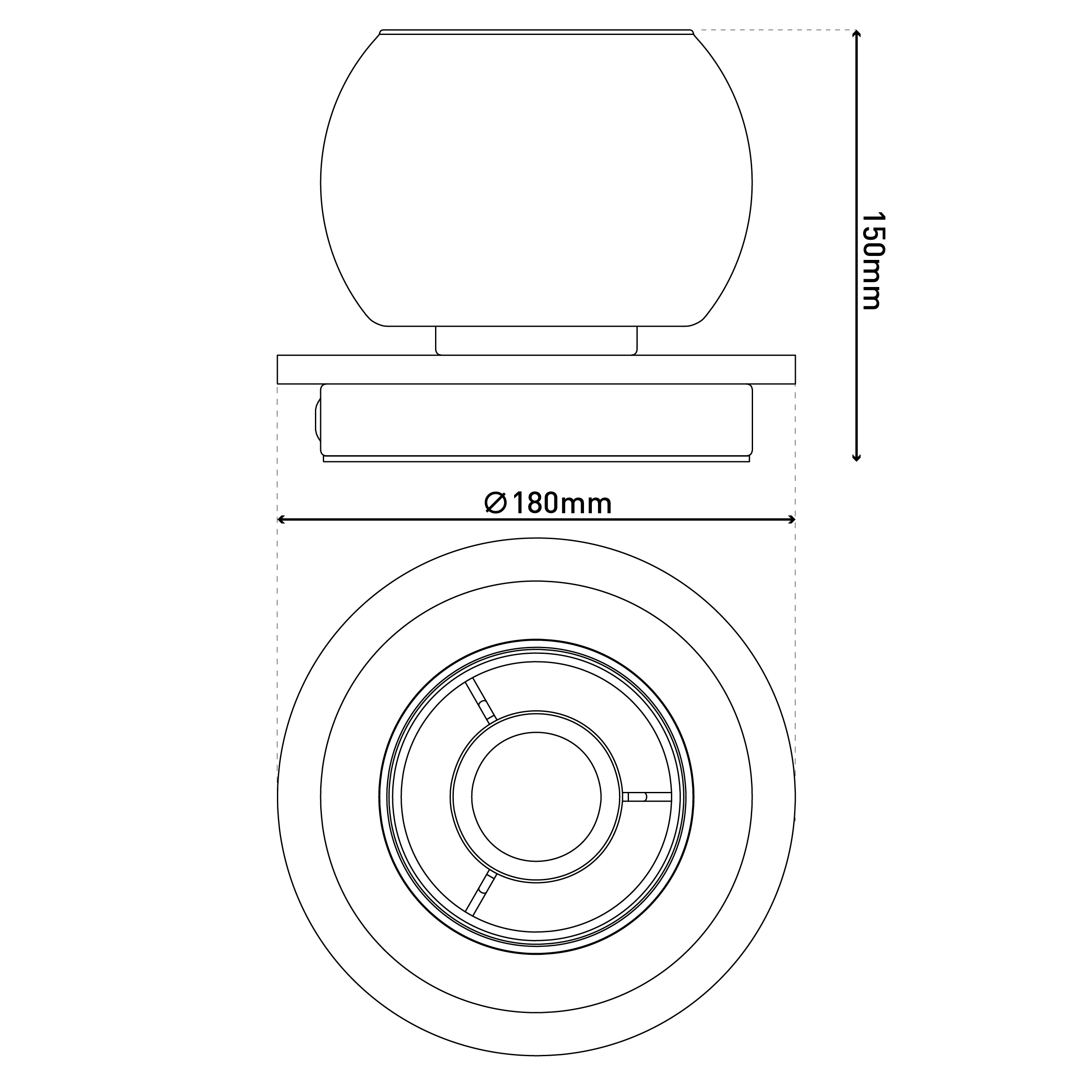 Technische Zeichnung einer Lampe. Draufsicht zeigt kreisförmige Basis, Seitenansicht zeigt runde Lampe und Basis.