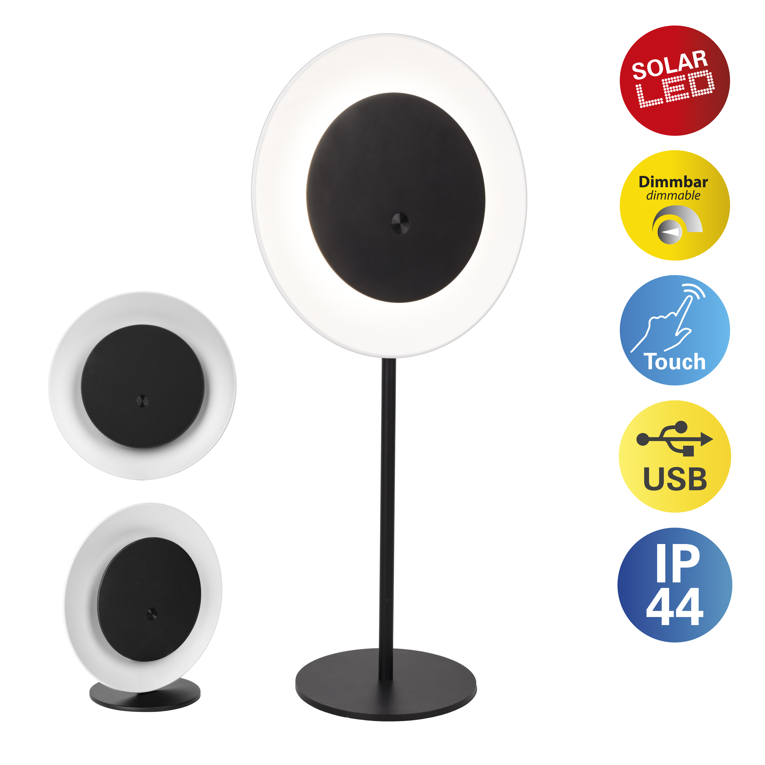 Moderne schwarz-weiße LED-Lampe mit kreisförmigem Lichtdesign, rundem Sockel und Touch-Funktion.