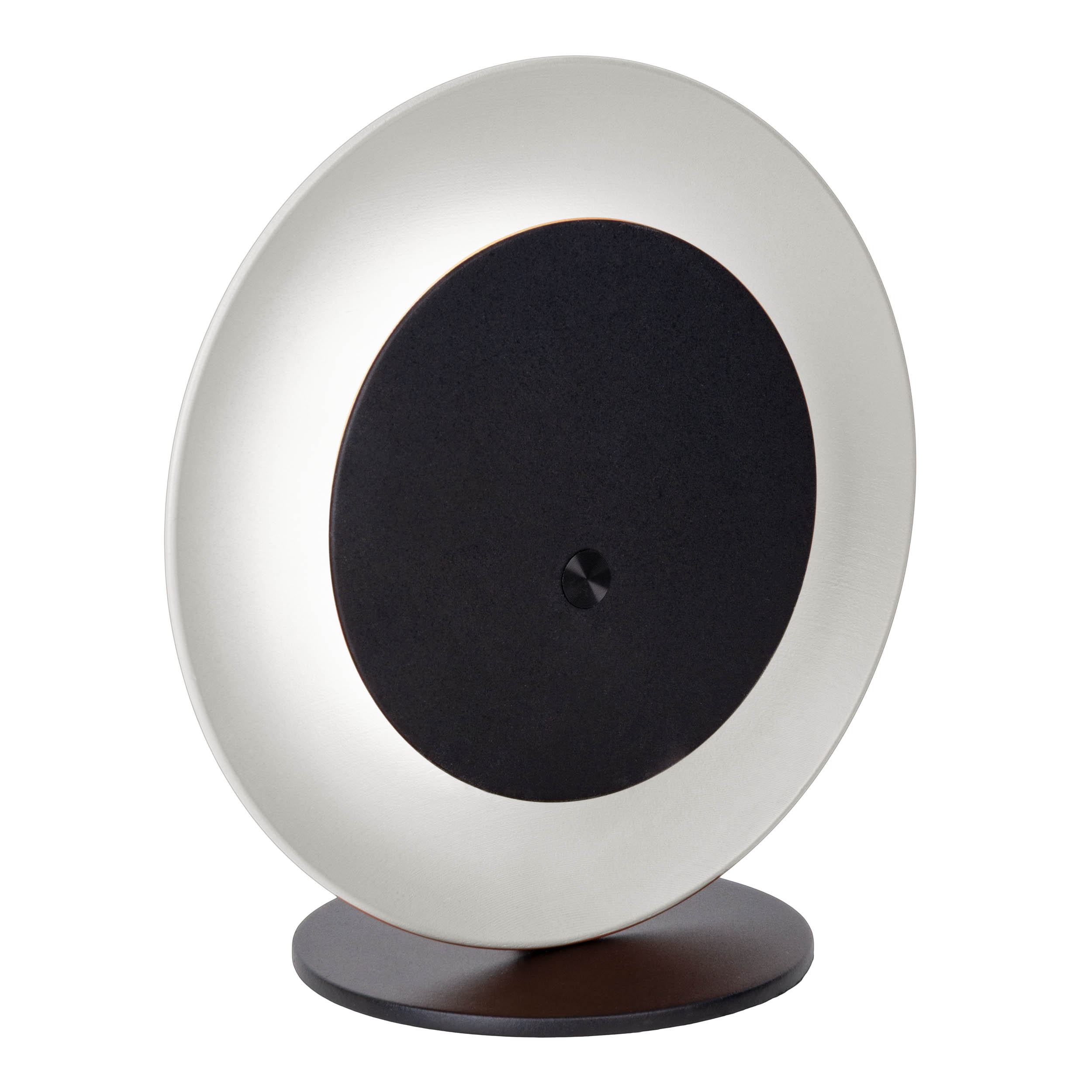Moderne kreisförmige Lampe mit schwarzem Mittelteil, silbernem Ring und schwarzem Sockel auf weißem Hintergrund.
