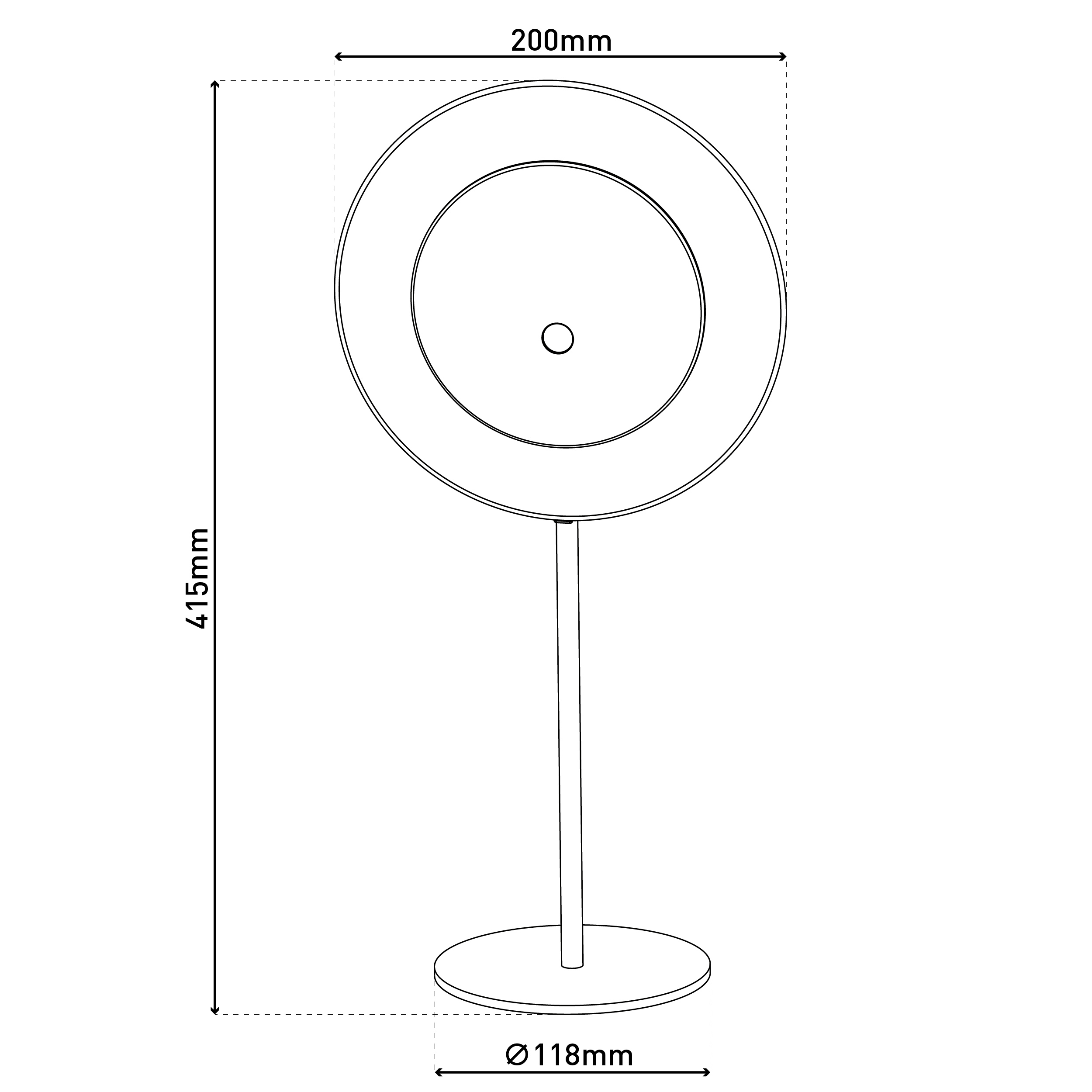 Eine Strichzeichnung einer Lampe. Sie hat ein kreisförmiges Licht, einen Mittelpfosten und einen runden Sockel. Abmessungen sind angegeben.