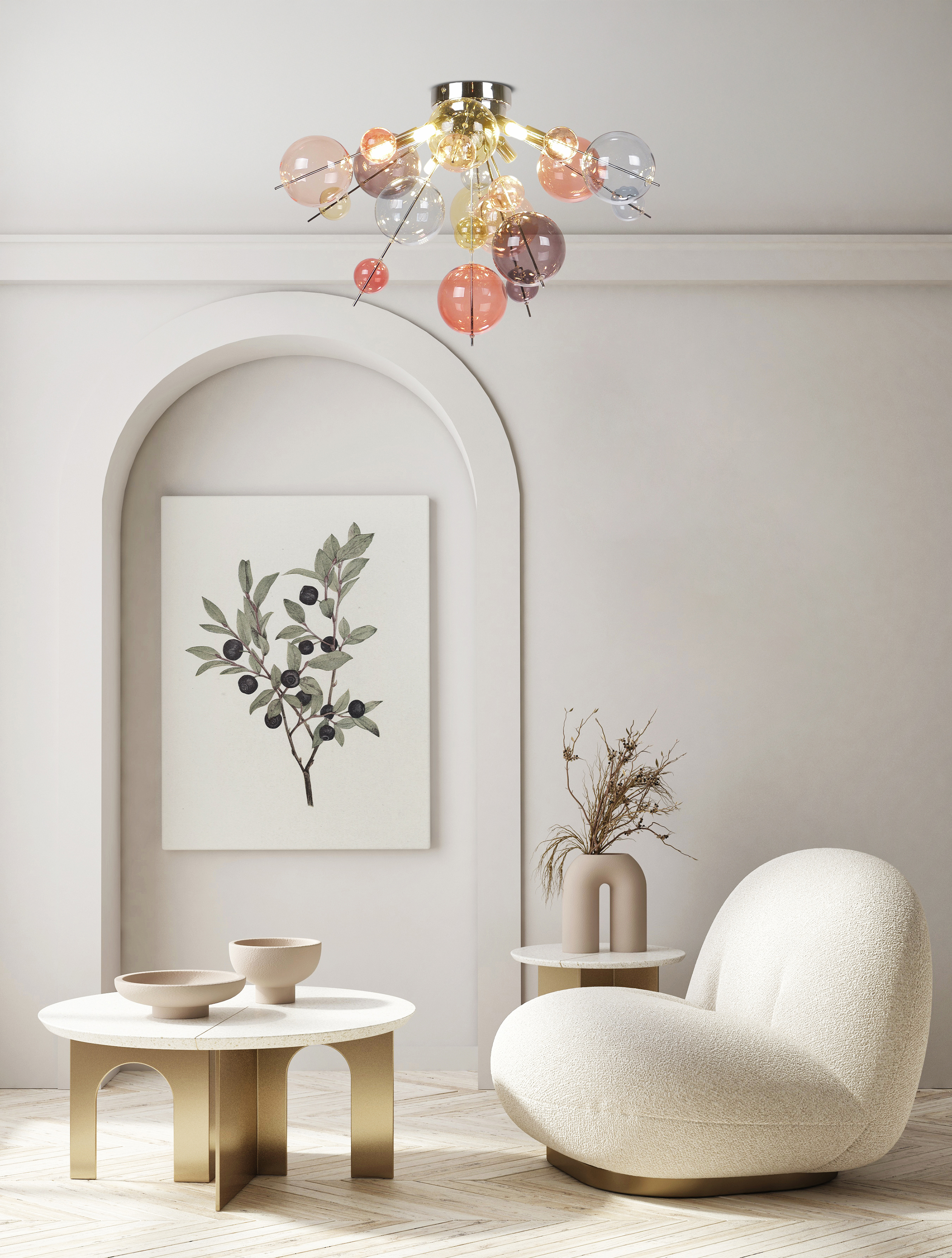 Wohnzimmer mit modernem Kronleuchter, Kunstwerk, weißem Stuhl und Tisch mit Schalen.