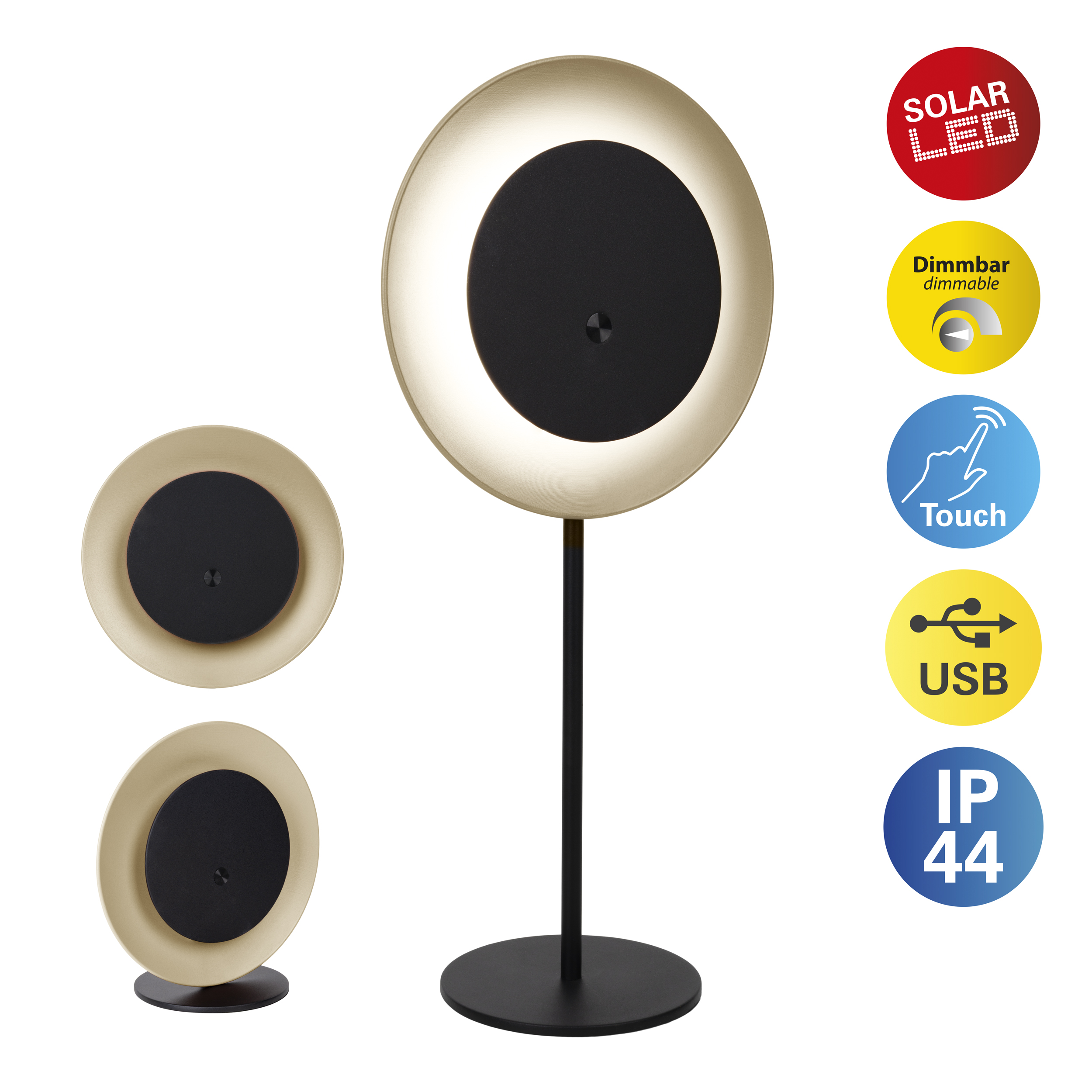 Moderne Lampe mit kreisförmigem Design. Sie hat eine schwarze Mitte und einen goldfarbenen Außenring. Merkmale: Solar-LED, Touch, USB, dimmbar.