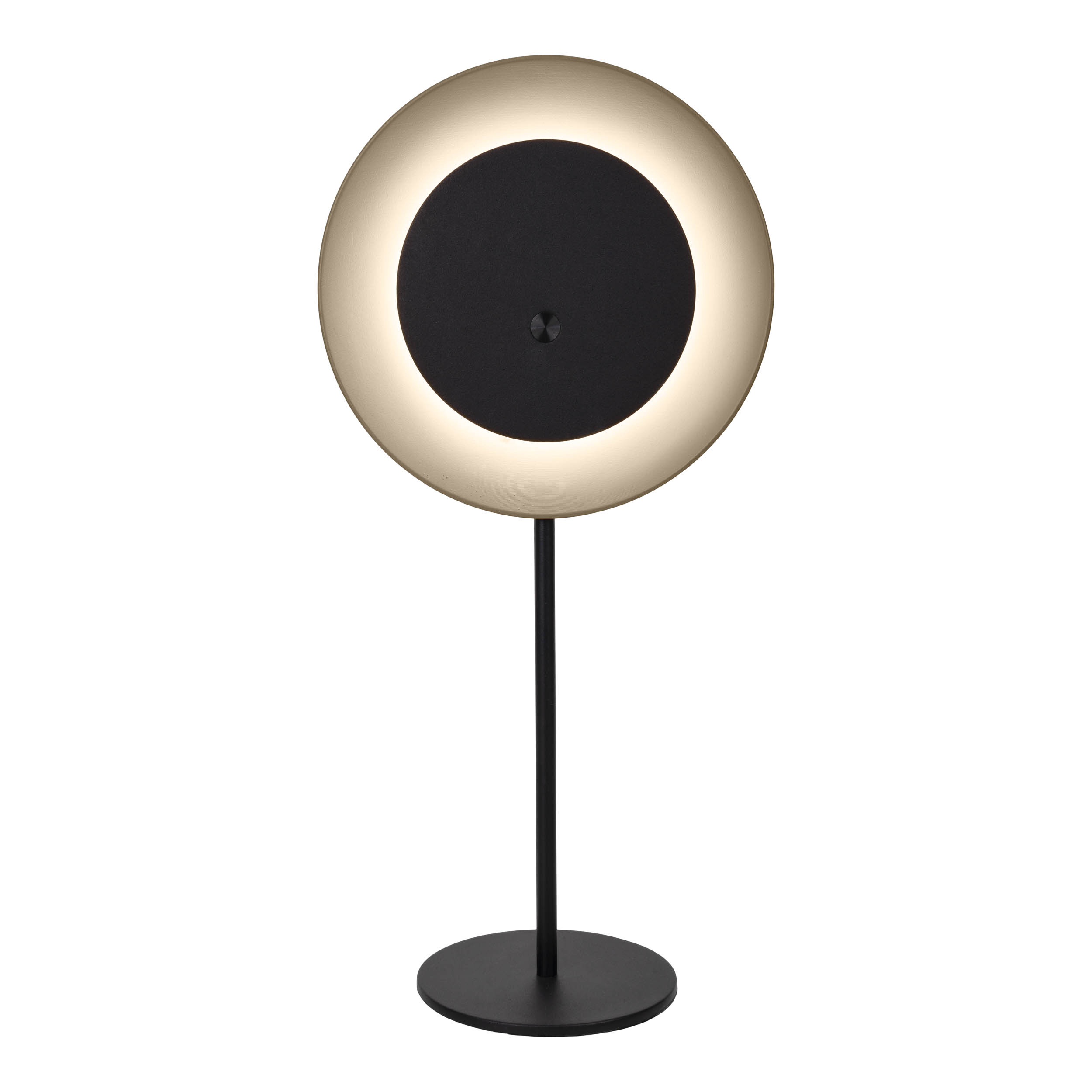Eine moderne Lampe mit kreisförmigem Licht. Sie hat einen schwarzen Sockel, Ständer und Mitte. Das Licht ist warmweiß.