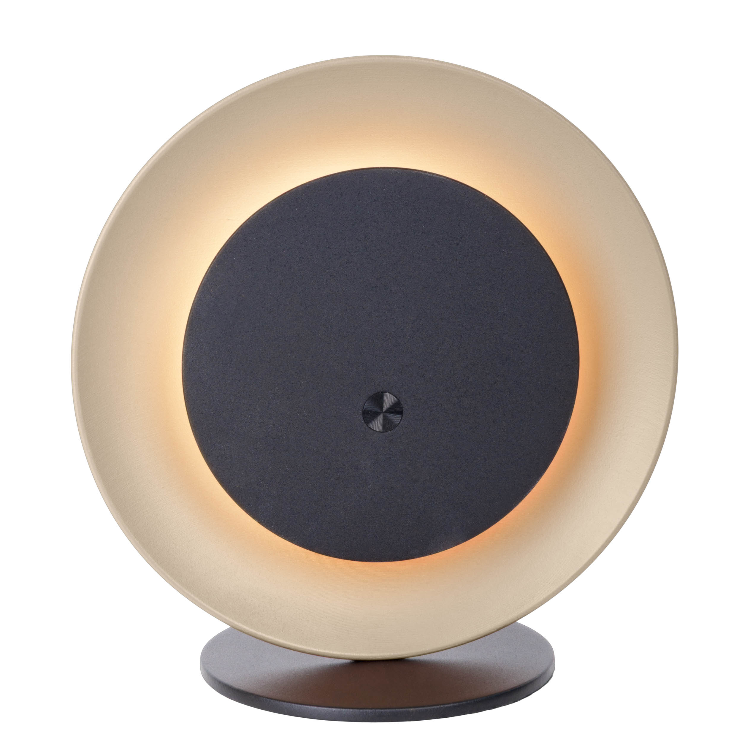 Eine moderne, kreisförmige Lampe mit schwarzem Zentrum und goldfarbenem Rand, die warmes Licht ausstrahlt.