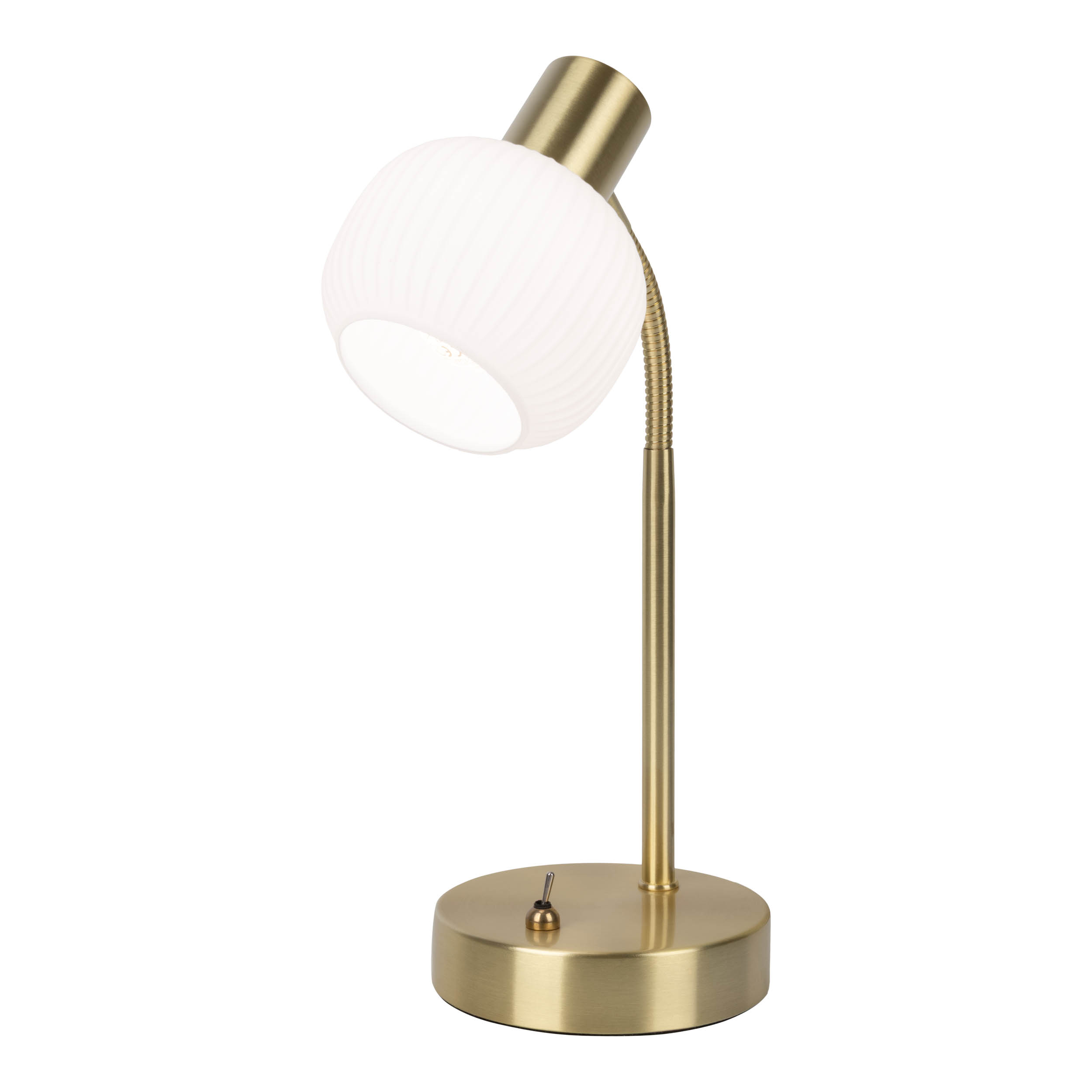 Eine goldene Schreibtischlampe mit weißem, geripptem Lampenschirm. Sie hat einen flexiblen Hals und einen runden Sockel.