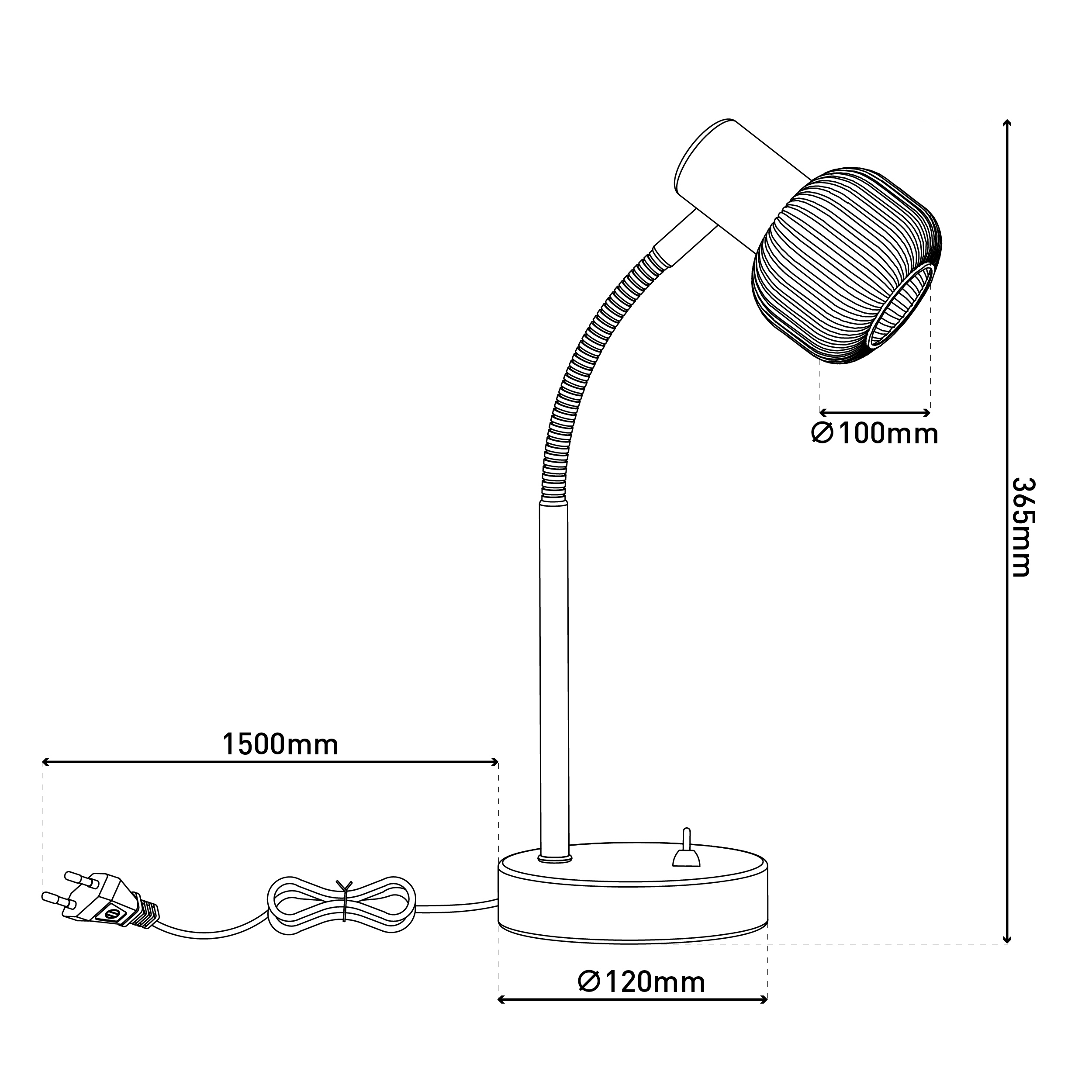 Eine Schreibtischlampen-Skizze mit Maßen. Die Lampe hat einen runden Fuß, einen flexiblen Arm und einen zylindrischen Kopf.