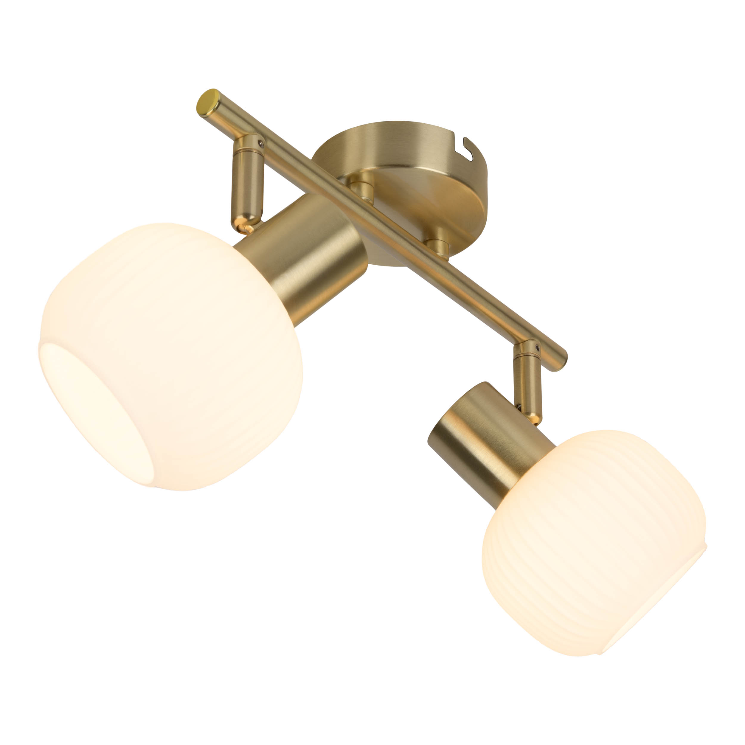 Ein goldfarbener Deckenstrahler mit zwei Lampen. Die Lampen sind weiß und haben eine gerippte Textur. Der Hintergrund ist weiß.