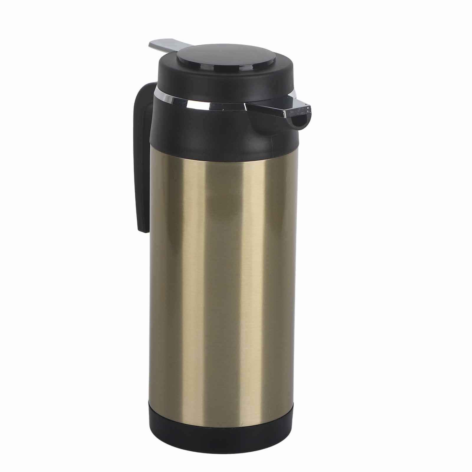 Eine metallische Thermosflasche. Sie hat einen schwarzen Griff, einen schwarzen Deckel und silberne Verzierungen.