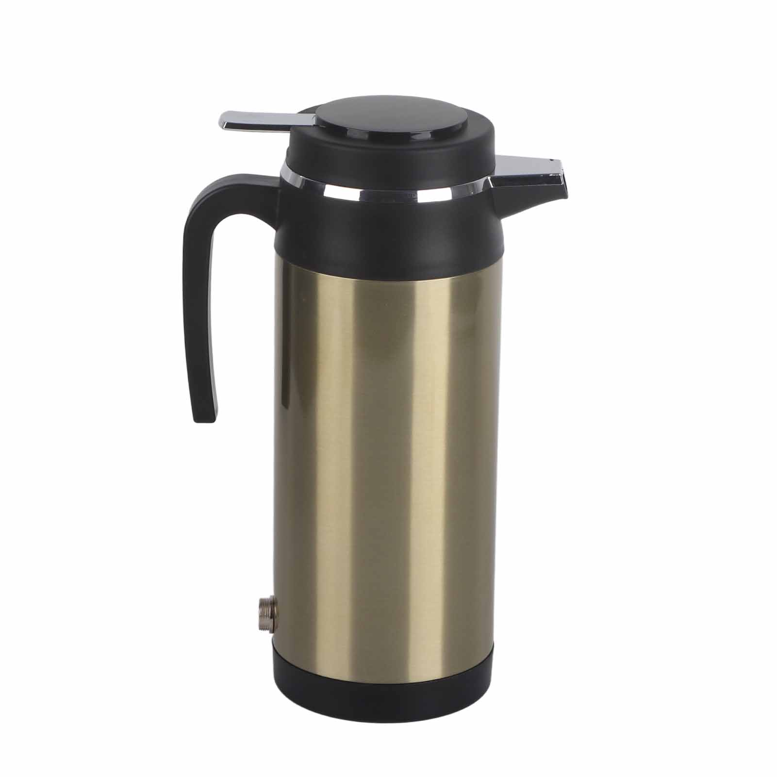 Eine Edelstahl-Thermoskanne mit schwarzem Griff und Deckel. Die Thermoskanne ist zylindrisch und hat einen silbernen Ausguss.
