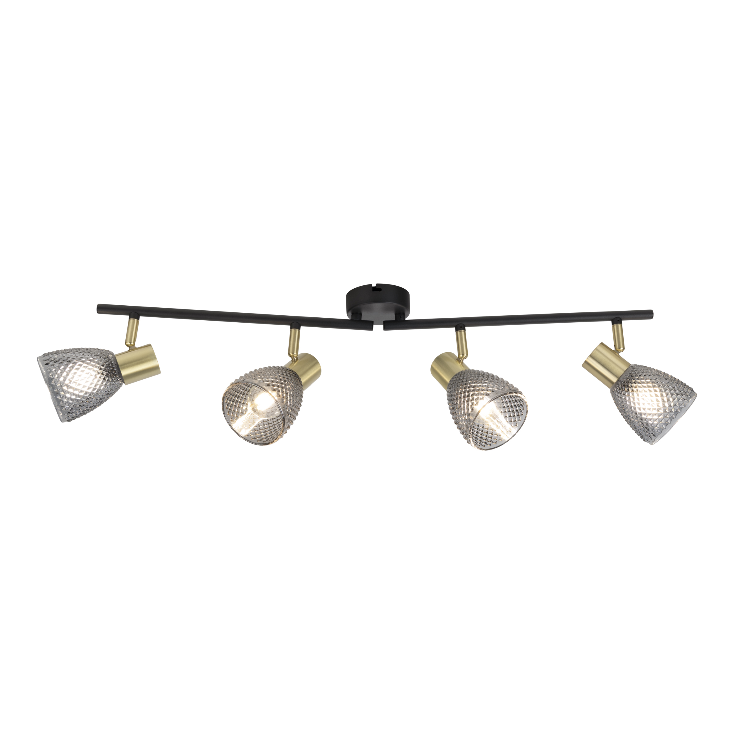 Eine Deckenleuchte mit vier Lampen. Die Lampen haben goldene Halterungen und diamantförmige Glasschirme. Schwarze Balken.
