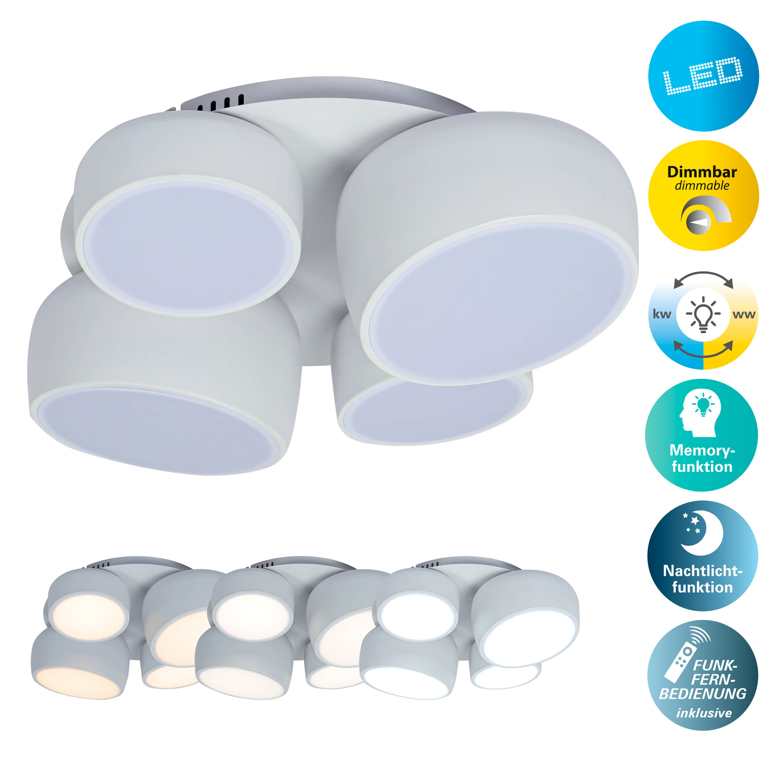Weiße Deckenlampe mit mehreren abgerundeten Lichtern. Merkmale sind dimmbar, LED und Fernbedienungsoptionen. Mehrere Symbole sind sichtbar.