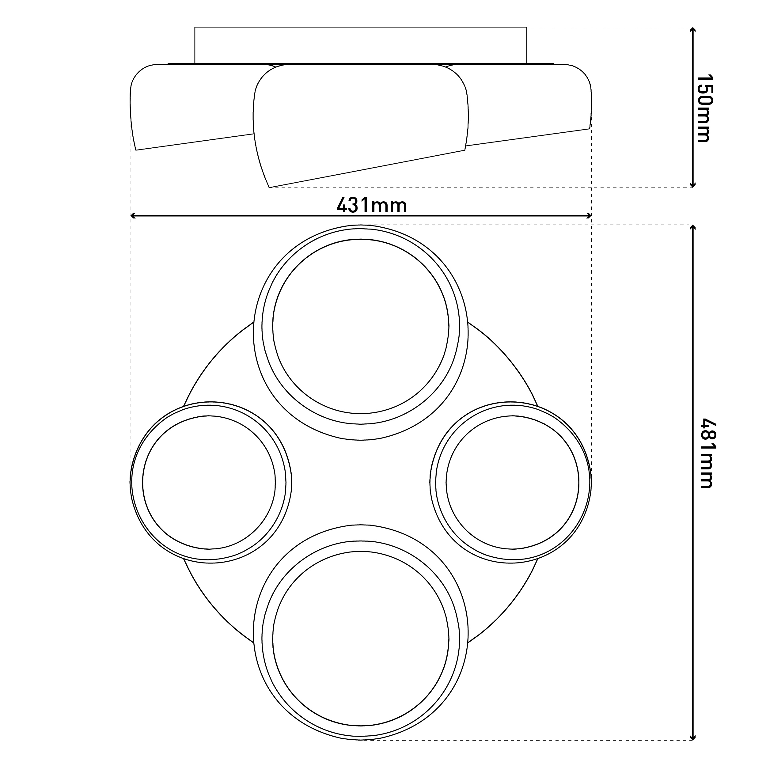 Technische Zeichnung einer Deckenleuchte. Zeigt Abmessungen und Umrisse in Schwarz auf Weiß. Die Leuchte hat ein einzigartiges Design.