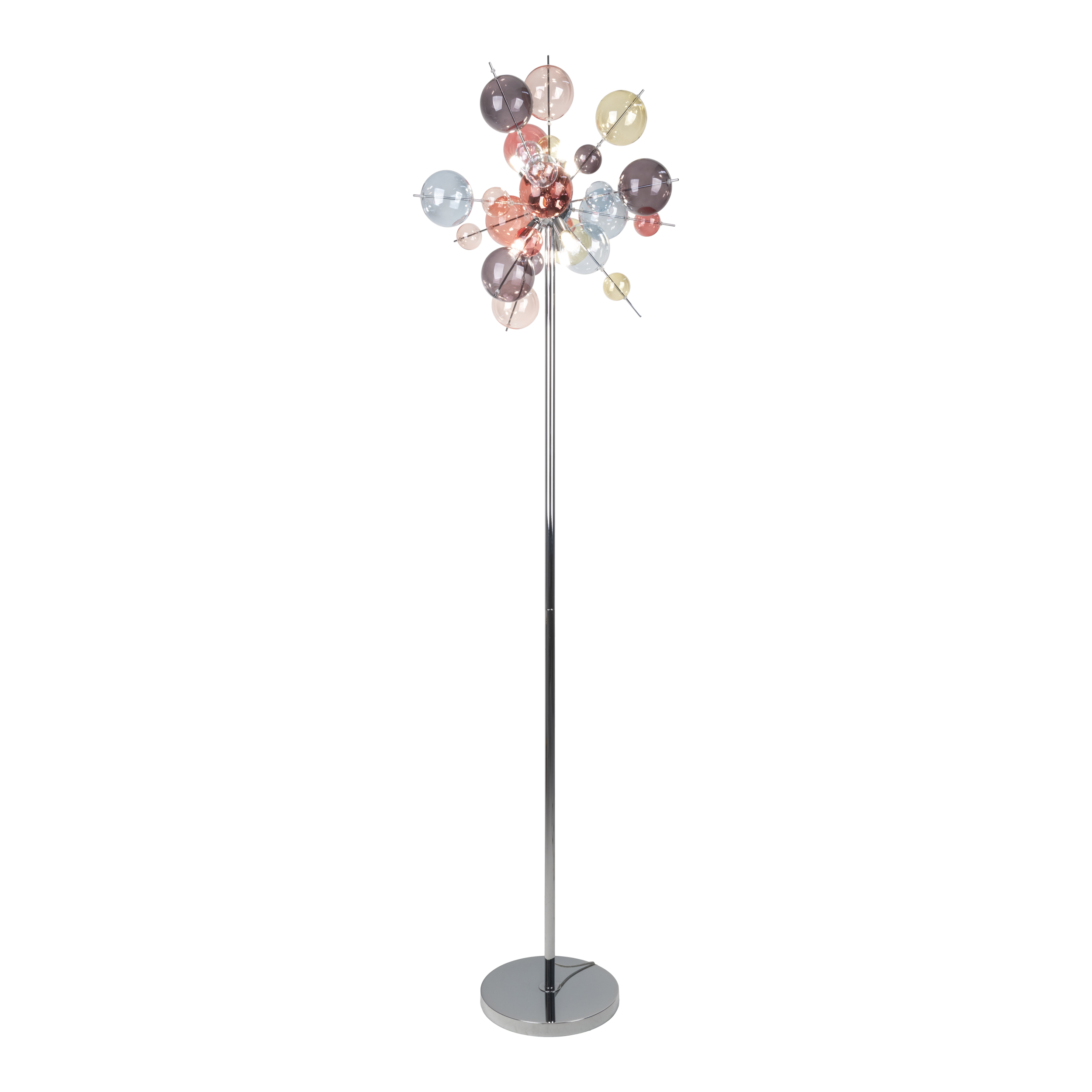 Eine moderne Stehlampe mit Chromstange und -fuß, mit einer Ansammlung farbiger Glaskugeln.