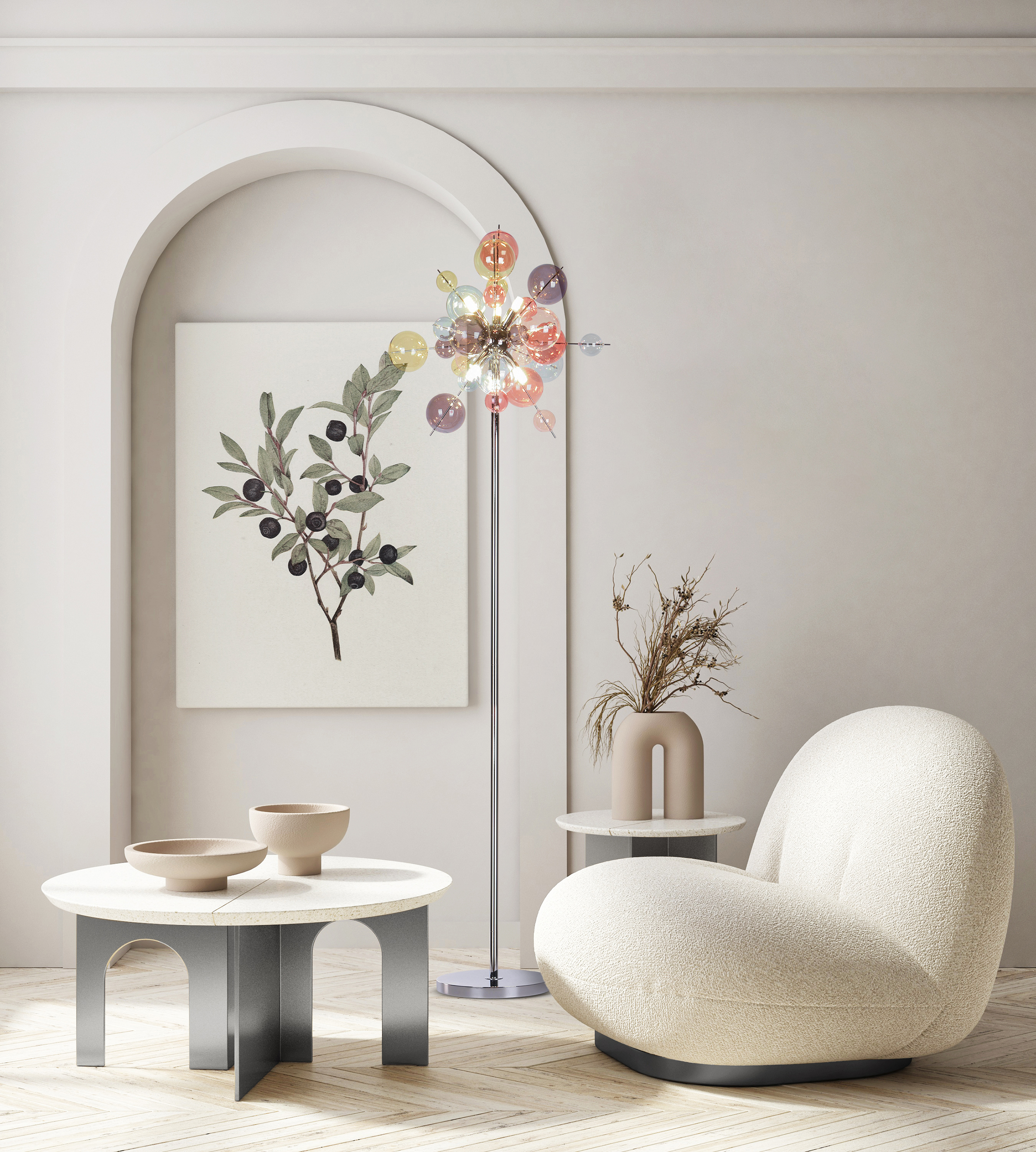 Modernes Wohnzimmer mit weißem Stuhl, rundem Tisch, bunter Lampe und Gemälde mit Olivenzweigen.