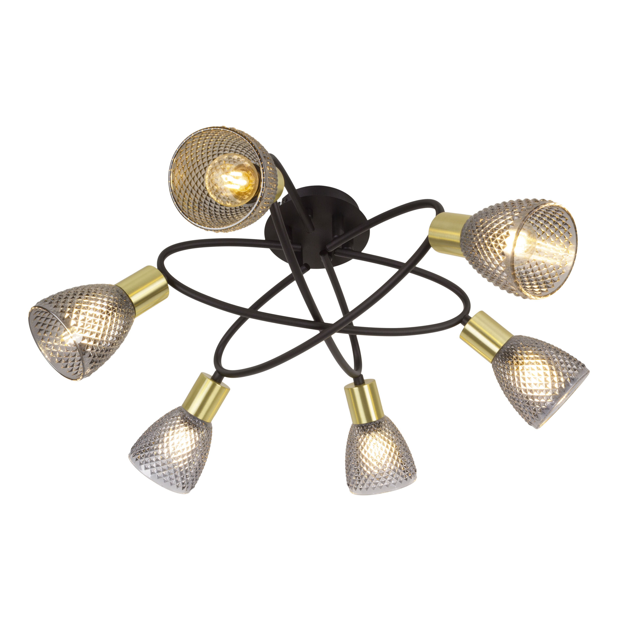 Eine Deckenlampe mit fünf Lichtern. Jedes Licht hat einen gemusterten Glasschirm, einen goldfarbenen Sockel und einen schwarzen Arm. Der Hintergrund ist weiß.