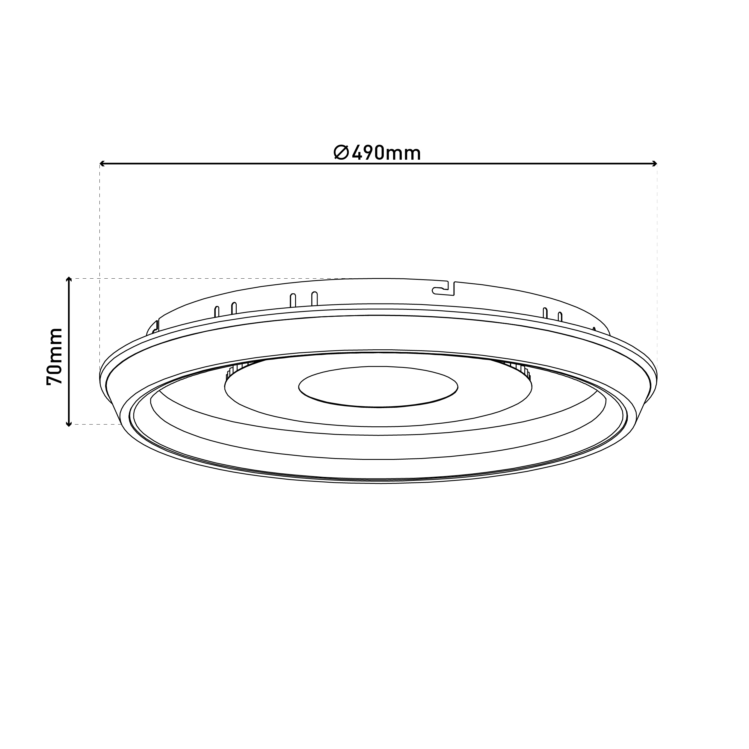 Diagramm einer kreisförmigen Leuchte mit Abmessungen. Der Durchmesser beträgt 490 mm, die Höhe 70 mm. Schwarze Linien auf weißem Hintergrund.