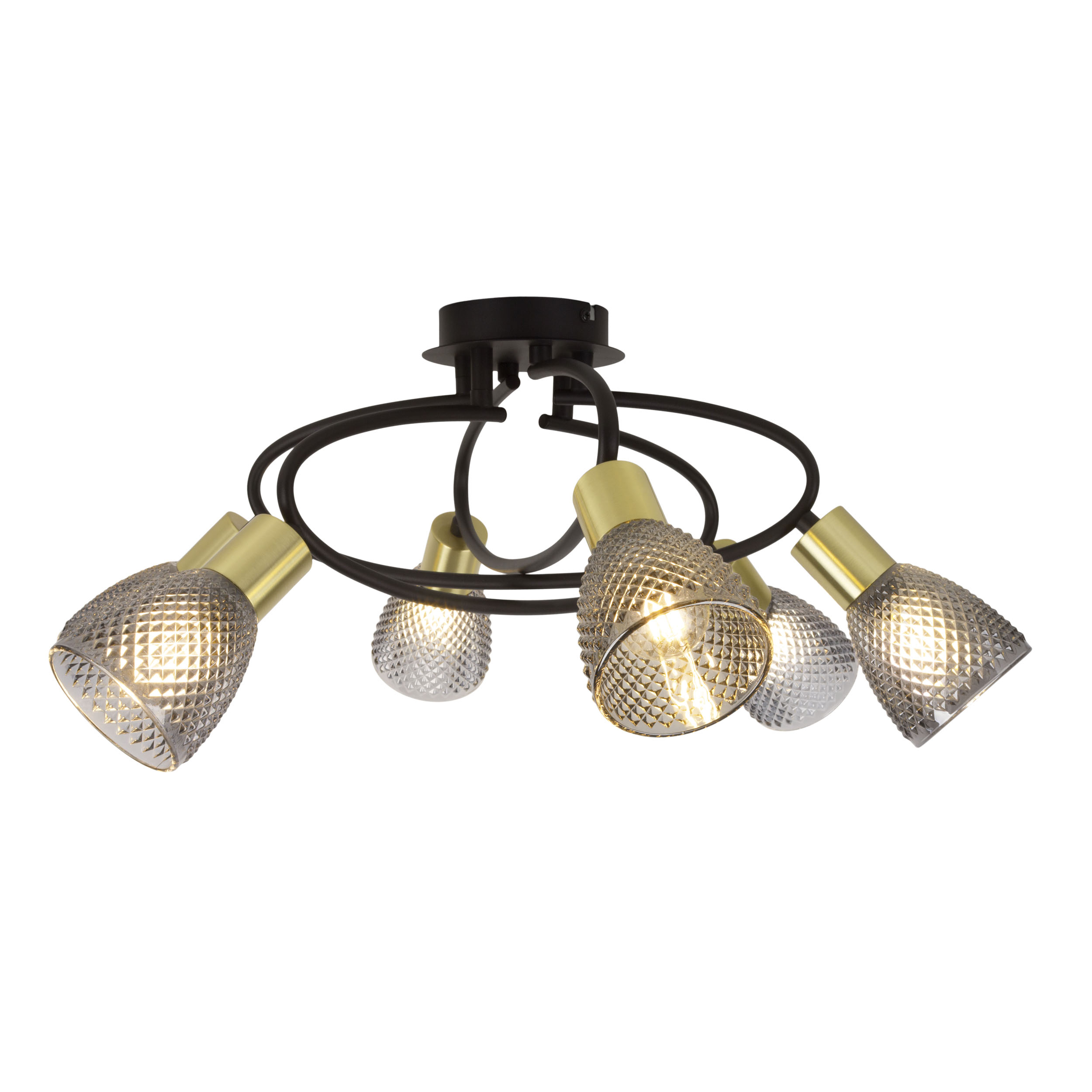 Eine Deckenleuchte mit sechs Lampen. Die Lampen haben ein Diamantmuster. Die Leuchte befindet sich auf weißem Hintergrund.