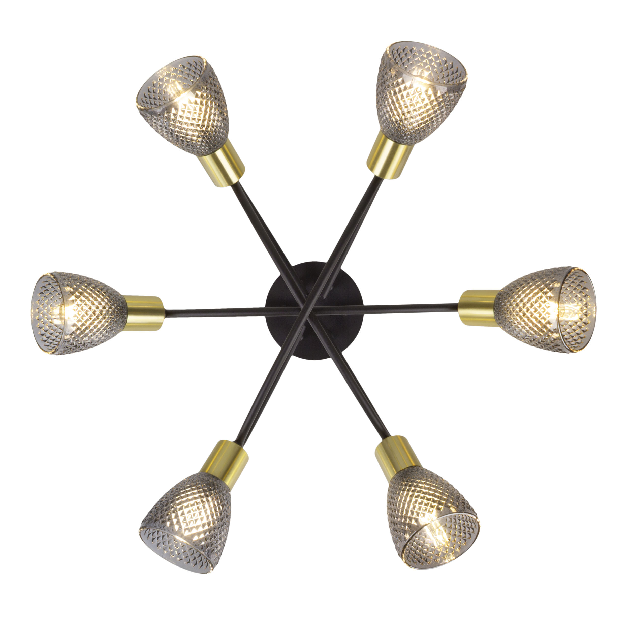 Eine Deckenleuchte mit sechs Armen. Jeder Arm hat einen goldenen Sockel, einen schwarzen Stiel und eine graue, gemusterte Lampe.