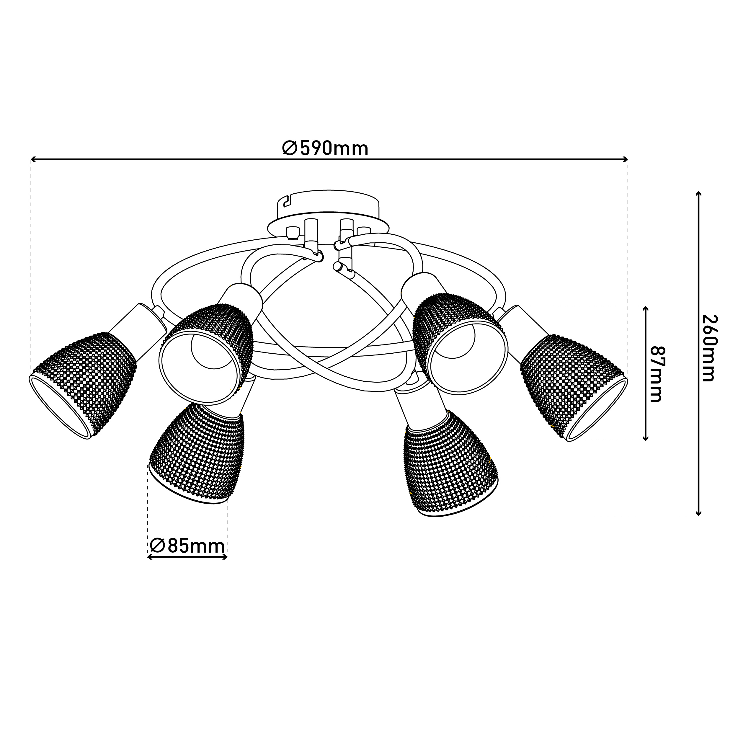 Eine Deckenlampe mit sechs Lichtern. Sie ist schwarz und hat mit Pfeilen und Zahlen gekennzeichnete Abmessungen.